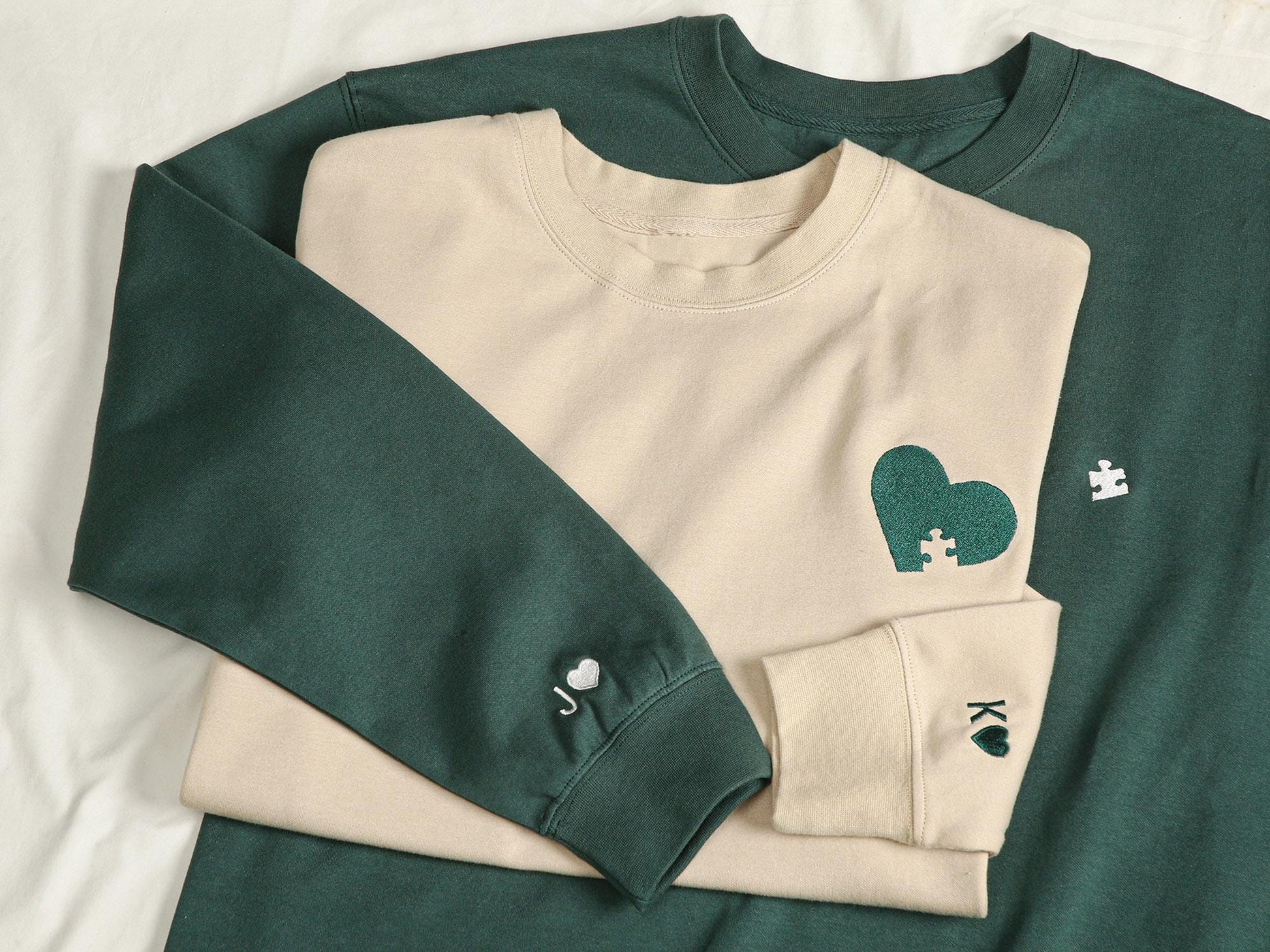 Custom Embroidered Couple Sweatshirt, Initial With Heart On Sleeve, Anniversary Gift