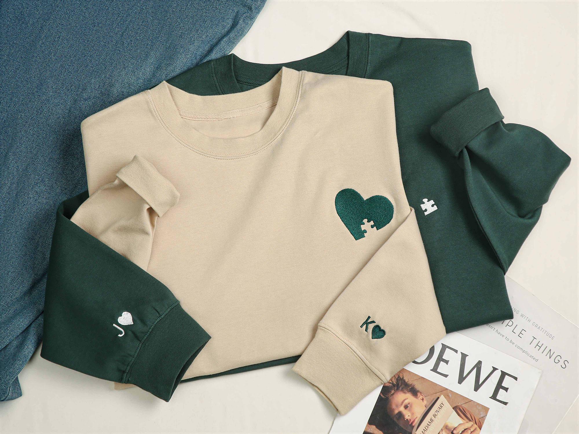 Custom Embroidered Couple Sweatshirt, Initial With Heart On Sleeve, Anniversary Gift