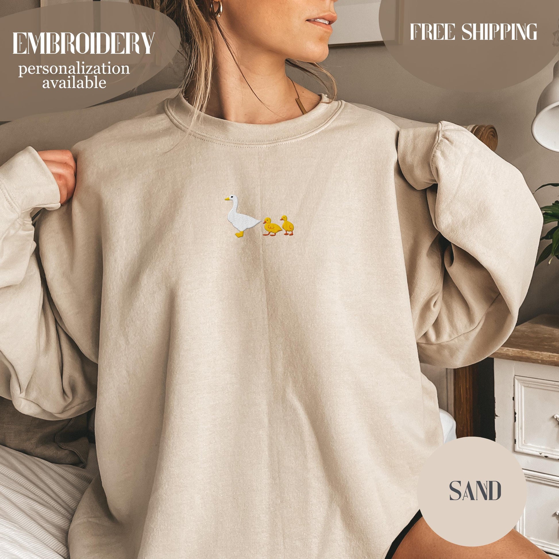 Custom Embroidered Goose Sweatshirt, Custom Names Mama Of Two Crewneck Sweatshirt, Silly Goose Twin Mama, Kids Names On The Sleeve