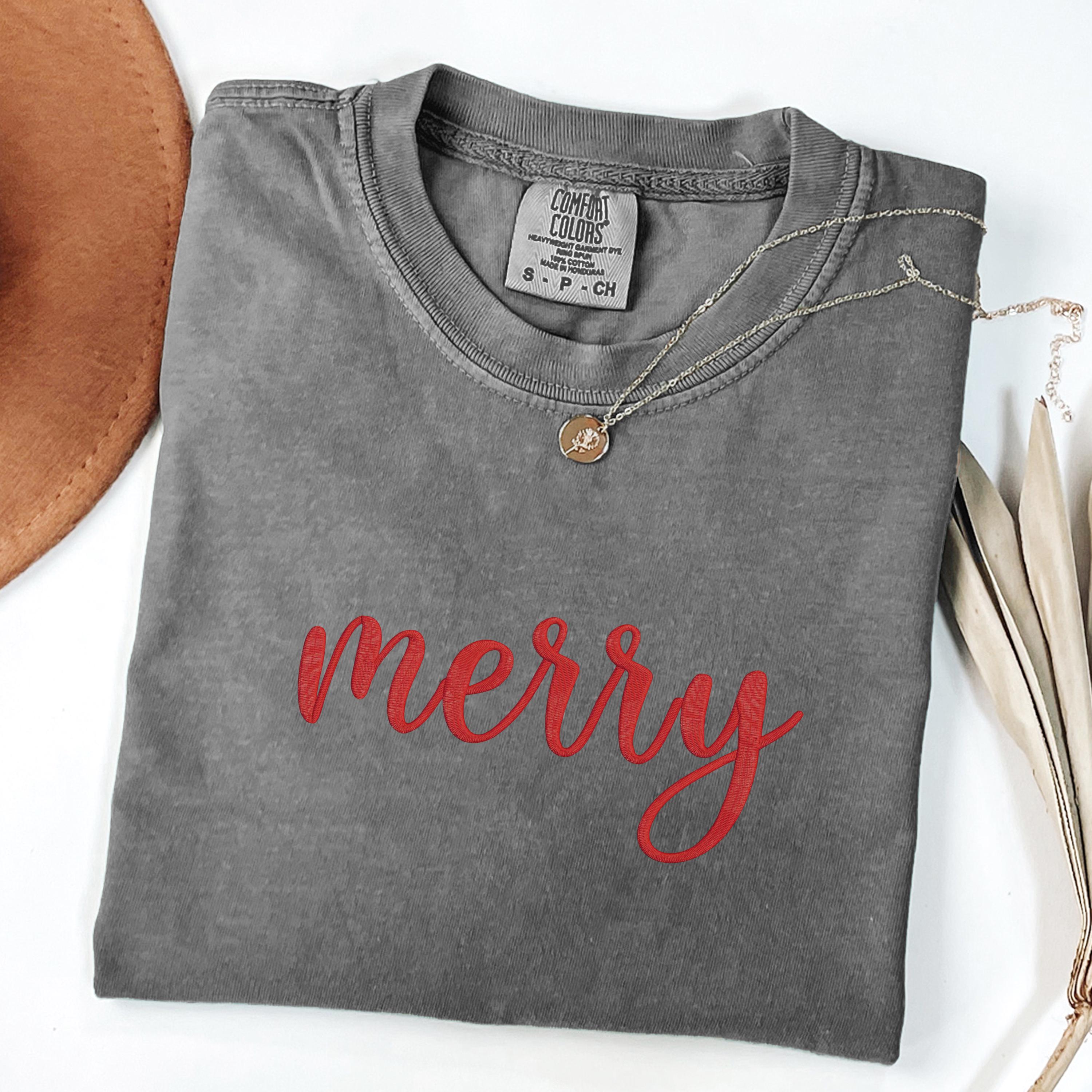 Merry Christmas Embroidered Comfort Colors Shirt: Unisex Holiday Tee