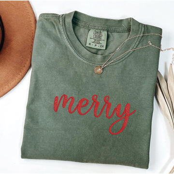 Merry Christmas Embroidered Comfort Colors Shirt: Unisex Holiday Tee
