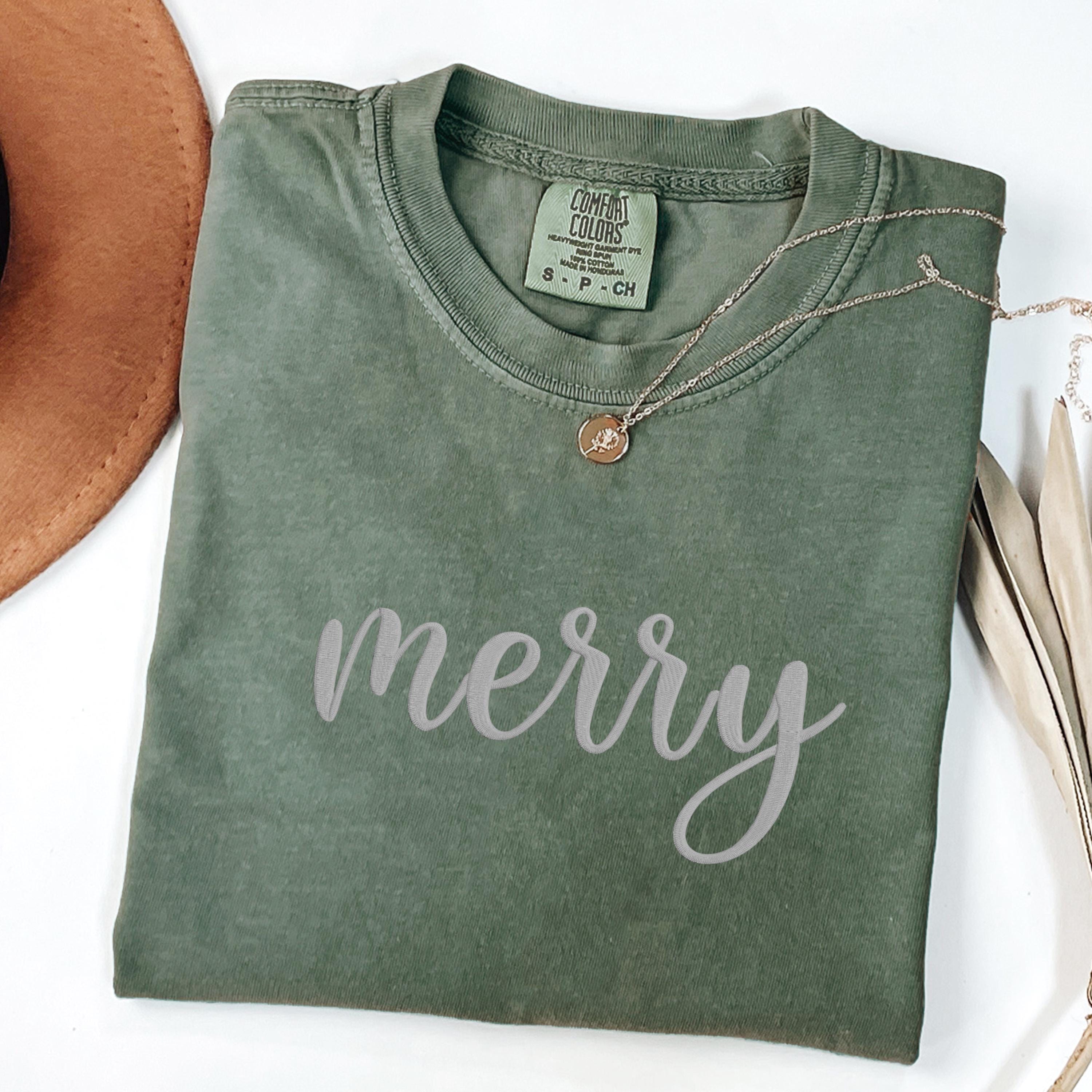 Merry Christmas Embroidered Comfort Colors Shirt: Unisex Holiday Tee