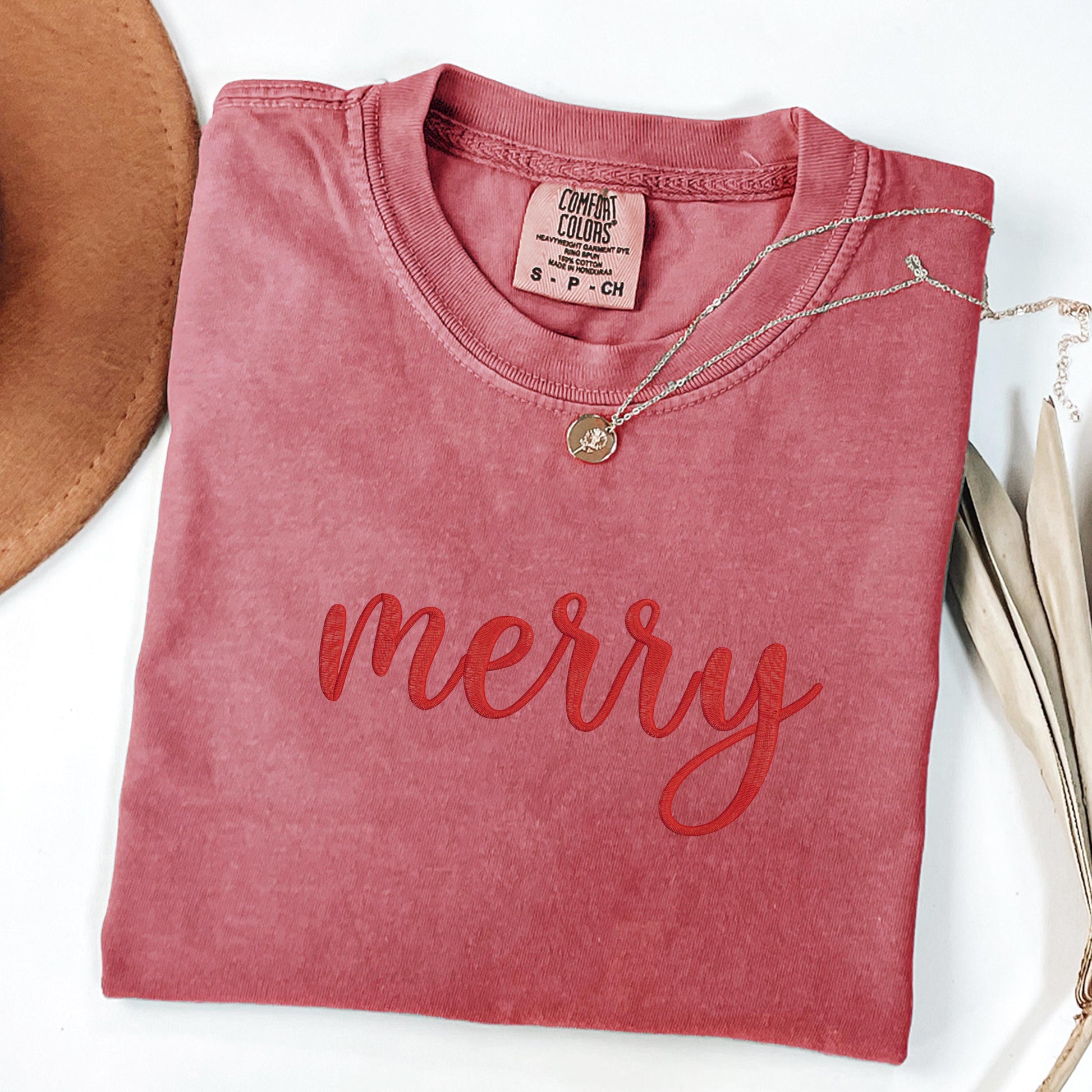 Merry Christmas Embroidered Comfort Colors Shirt: Unisex Holiday Tee