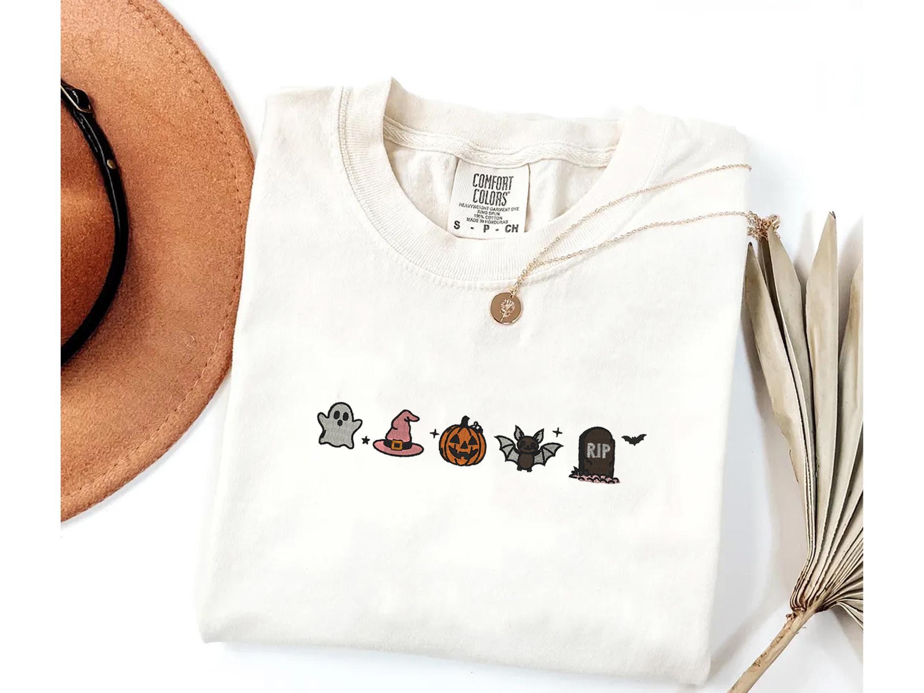 Cute Halloween Embroidery Comfort Colors® Shirt, Minimalist Halloween Embroidery Shirt, Spooky Season Embroidery Tee