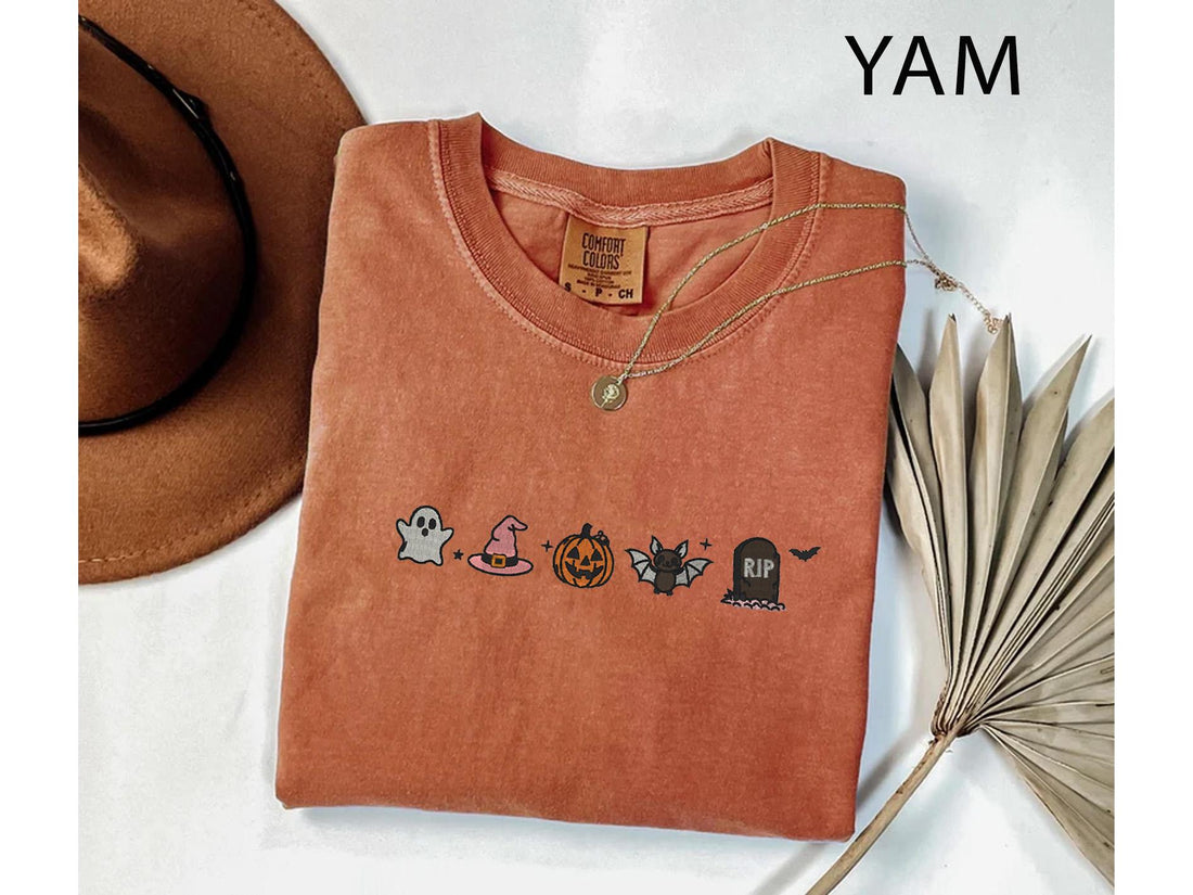 Cute Halloween Embroidery Comfort Colors® Shirt, Minimalist Halloween Embroidery Shirt, Spooky Season Embroidery Tee