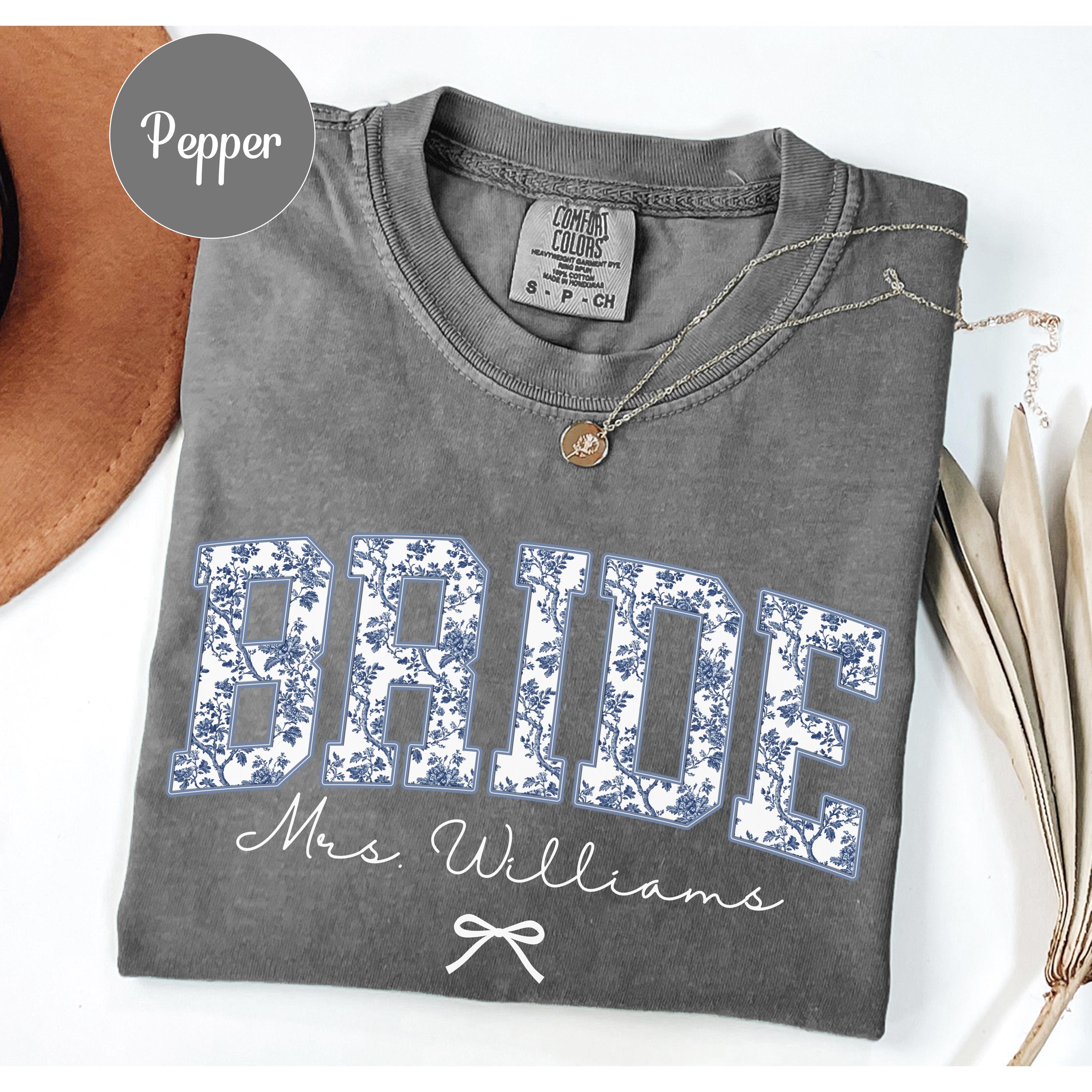 Custom Bride Shirt Blue Toile, Personalized Mrs Name Bridal Shower Gift, Chinoiserie Bride Tee, Engagement Day Getting Ready, Bachelorette