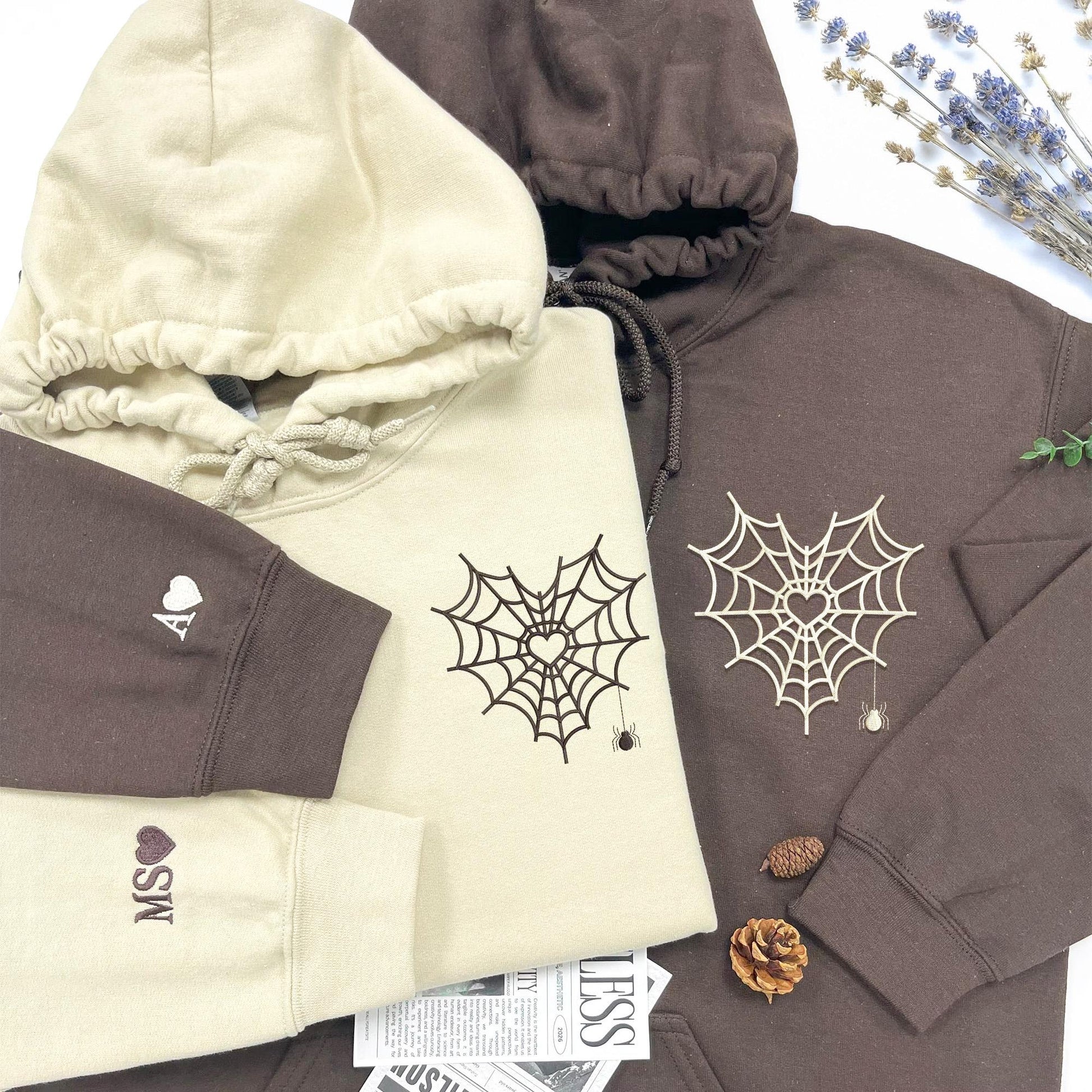 Embroidered Spider Web Heart Couple Hoodie - Halloween Valentine's Day Matching Sweatshirts