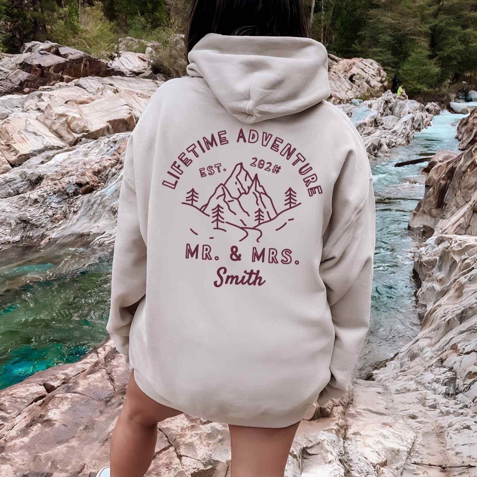 Lifetime Adventure matching mr mrs hoodie, mountain lakeview couples hoodie, husband and wife newlywed sweatshirt gift set, wedding sweater