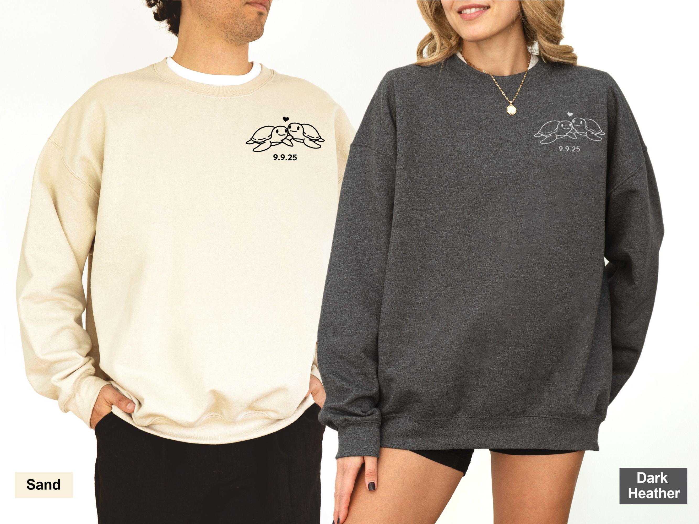 Matching Couples Sweatshirt, Custom Embroidered Turtle Sweatshirt, Gift for Couples, 1st Anniversary Gift, Engagement Gift, Date Shirt