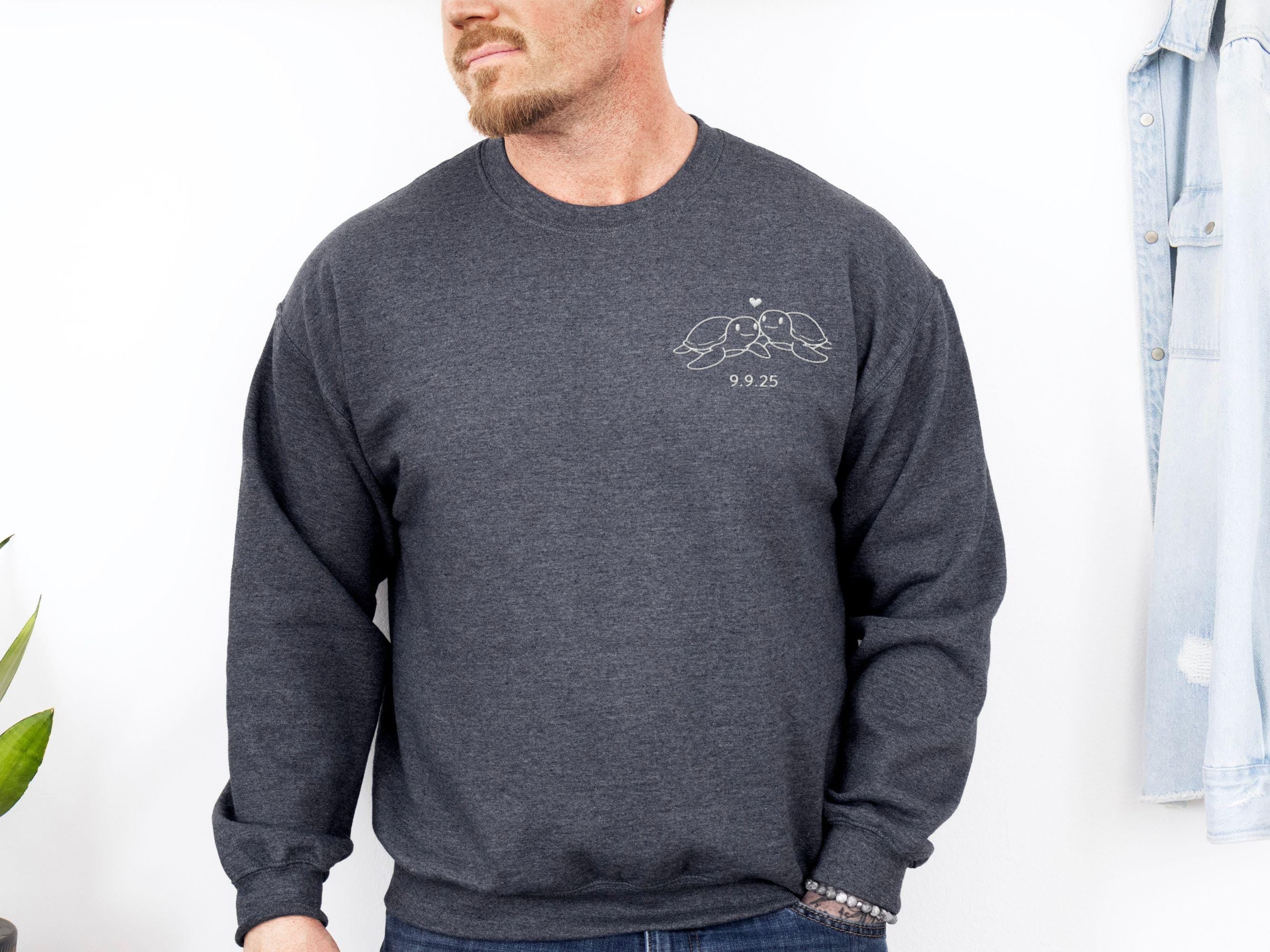 Matching Couples Sweatshirt, Custom Embroidered Turtle Sweatshirt, Gift for Couples, 1st Anniversary Gift, Engagement Gift, Date Shirt