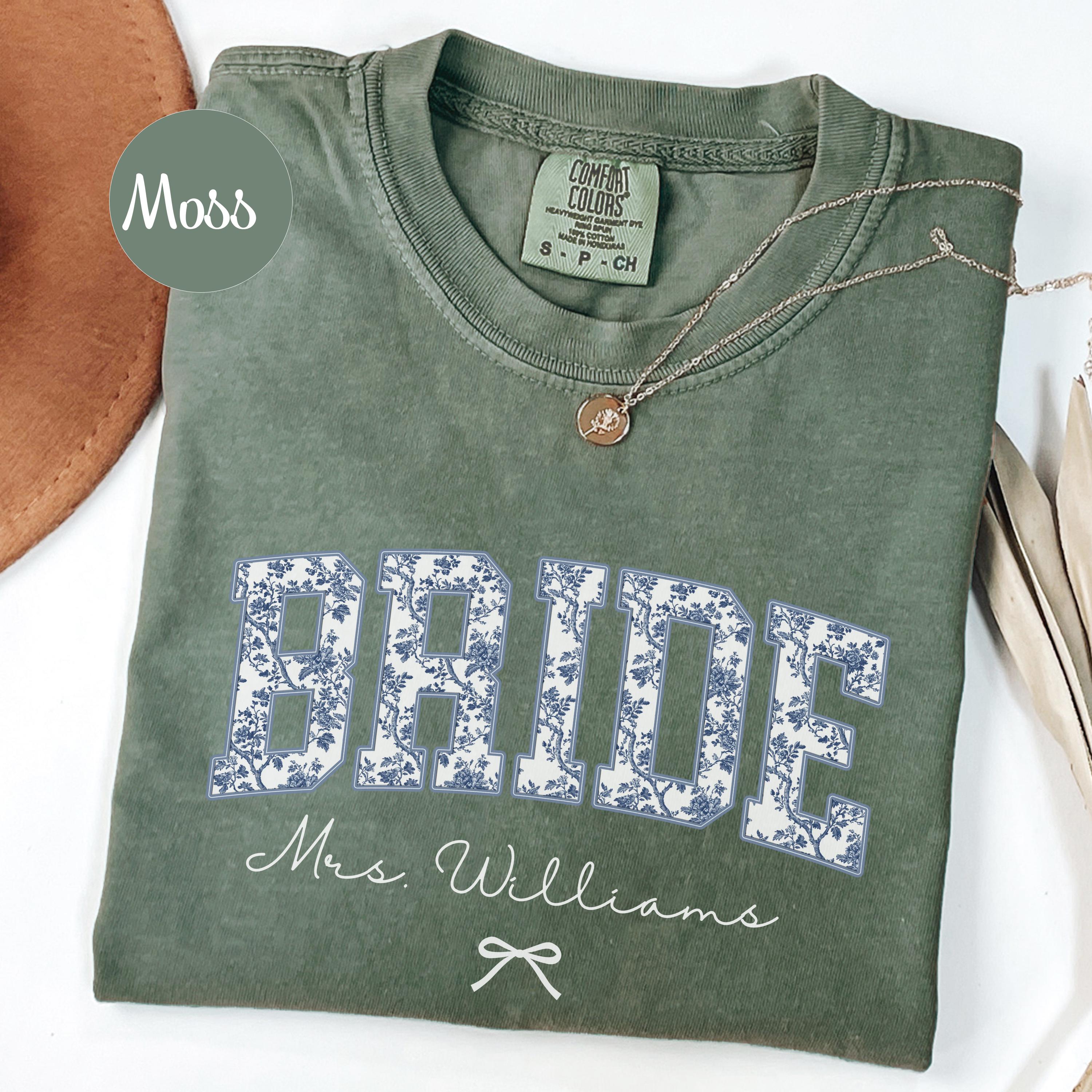 Custom Bride Shirt Blue Toile, Personalized Mrs Name Bridal Shower Gift, Chinoiserie Bride Tee, Engagement Day Getting Ready, Bachelorette