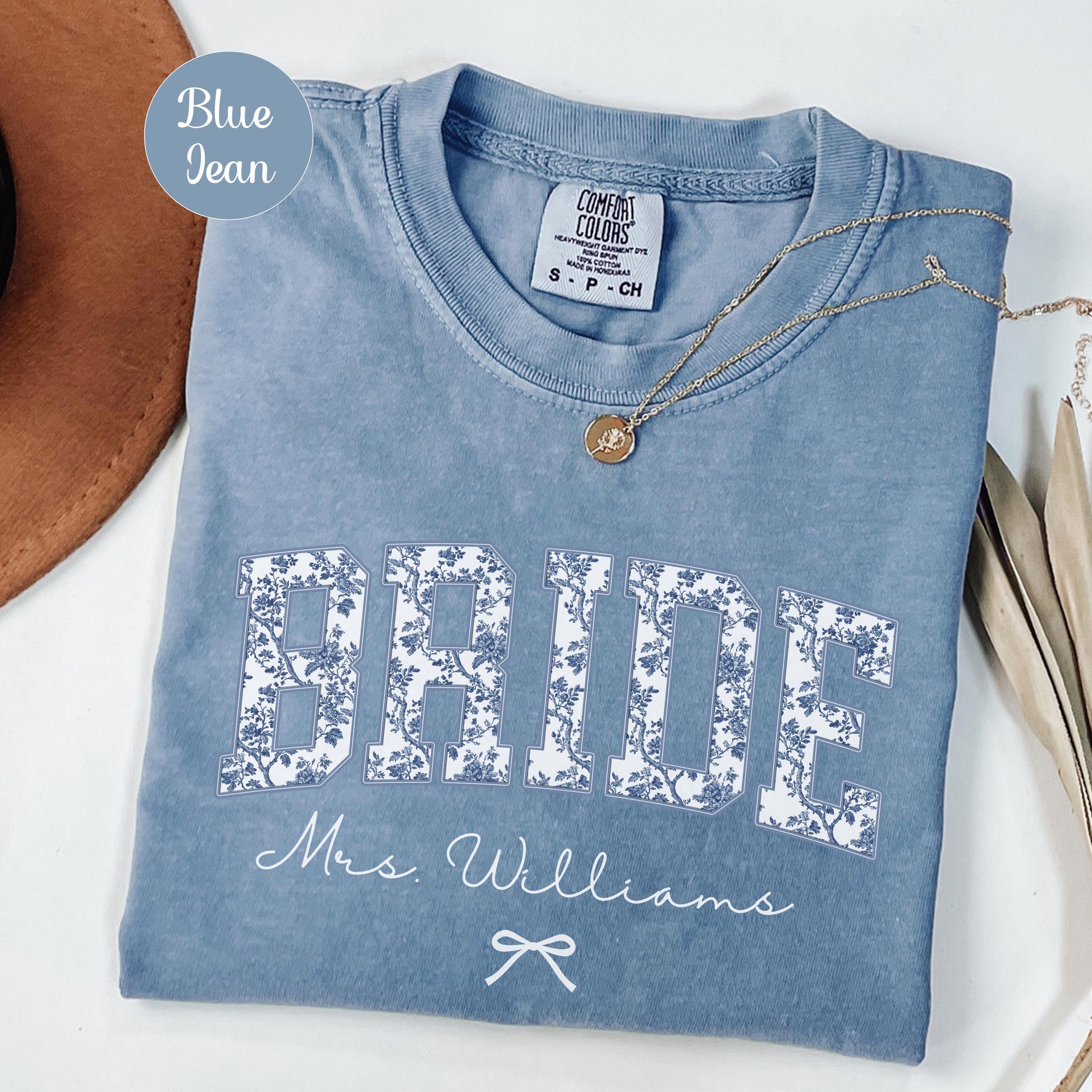 Custom Bride Shirt Blue Toile, Personalized Mrs Name Bridal Shower Gift, Chinoiserie Bride Tee, Engagement Day Getting Ready, Bachelorette