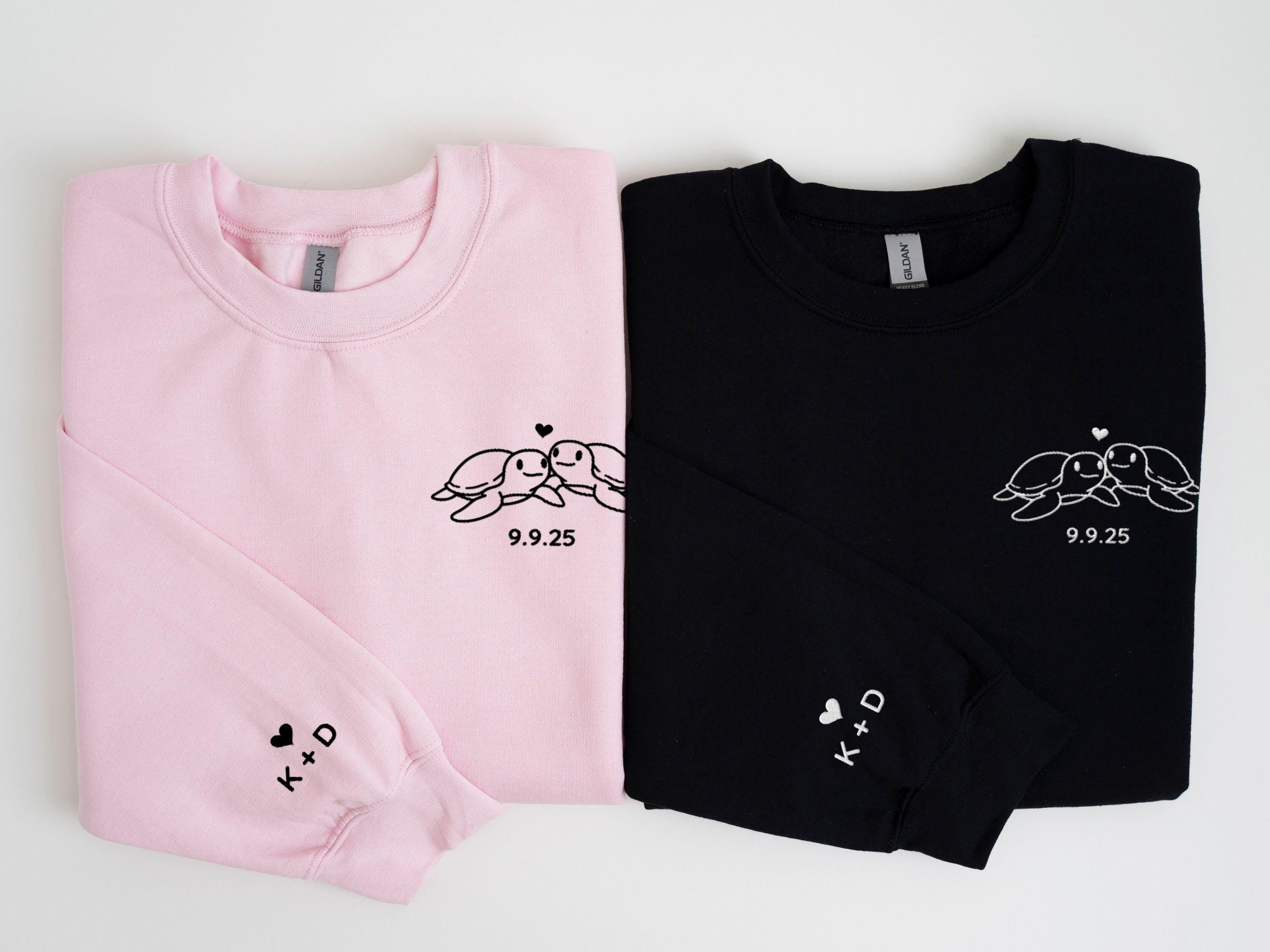 Matching Couples Sweatshirt, Custom Embroidered Turtle Sweatshirt, Gift for Couples, 1st Anniversary Gift, Engagement Gift, Date Shirt