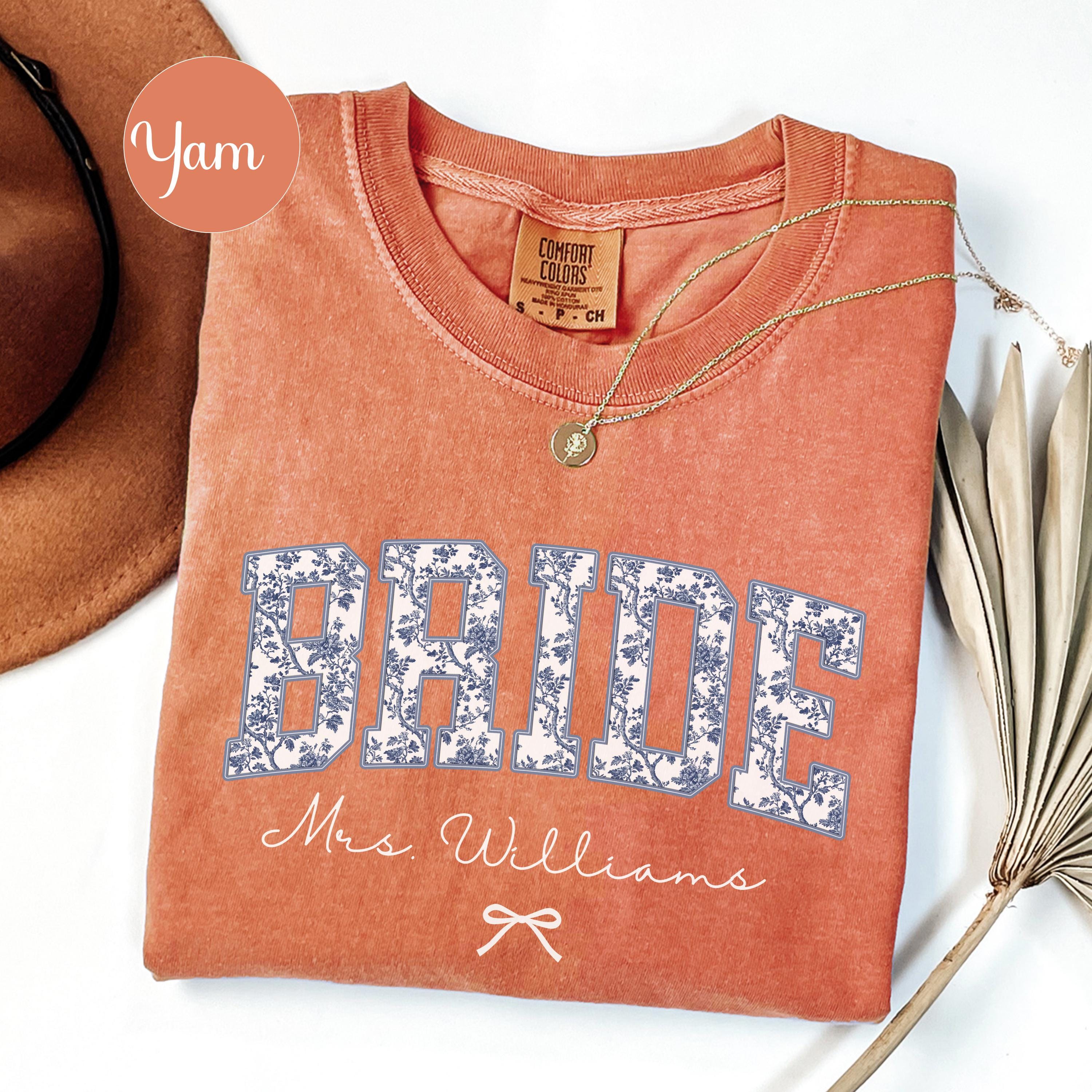 Custom Bride Shirt Blue Toile, Personalized Mrs Name Bridal Shower Gift, Chinoiserie Bride Tee, Engagement Day Getting Ready, Bachelorette