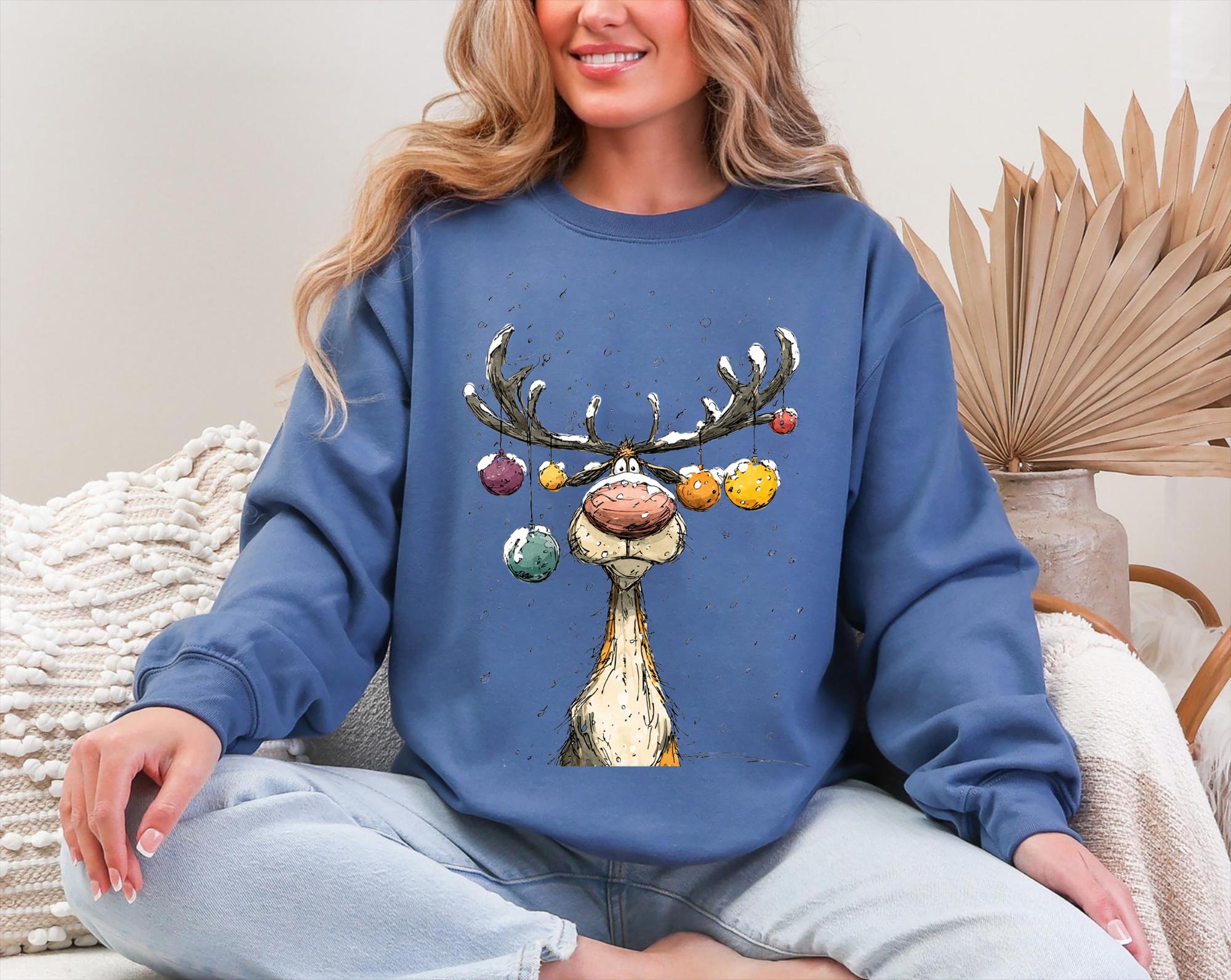 Reindeer Sweatshirt, Cute Christmas tShirt, Retro Reindeer Hoodie, Merry Christmas Tee Shirt, Christmas Reindeer Shirt Gift,Xmas Long Sleeve