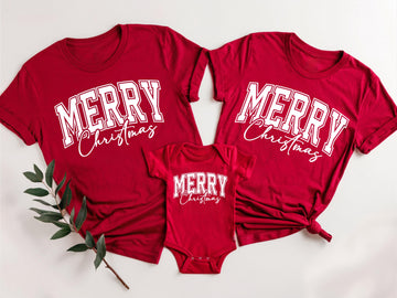 Merry Christmas Family Matching Shirts, Red Christmas Tees for Mom Dad Baby, Holiday Outfit, Cute Family Christmas T-Shirt Set