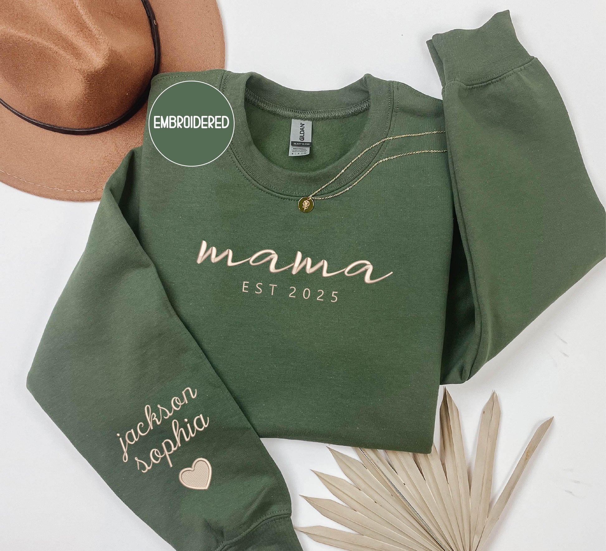 Embroidered Mama Sweatshirt , Personalized Kids Names & Date - Christmas New Mom Gift