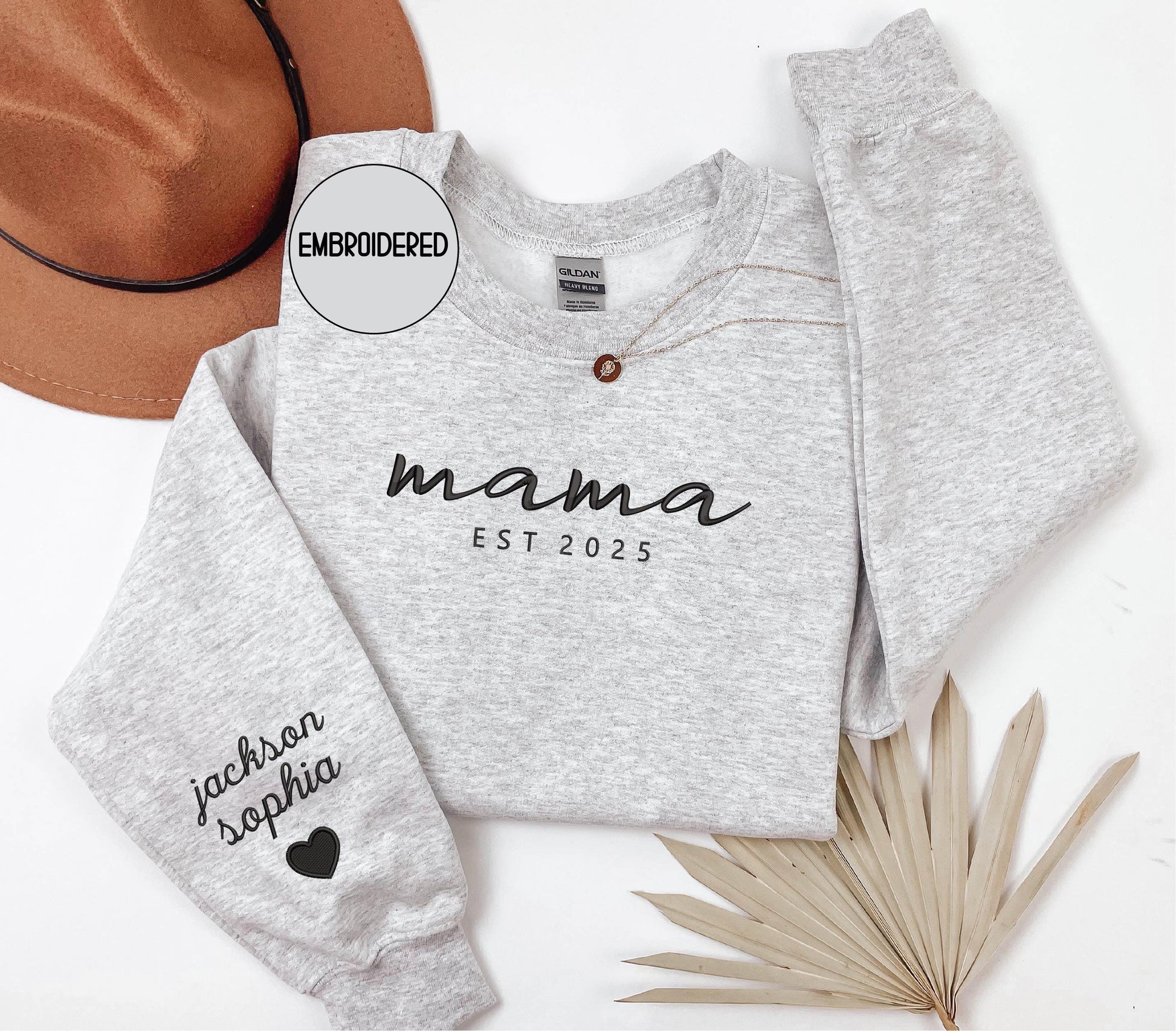 Embroidered Mama Sweatshirt , Personalized Kids Names & Date - Christmas New Mom Gift