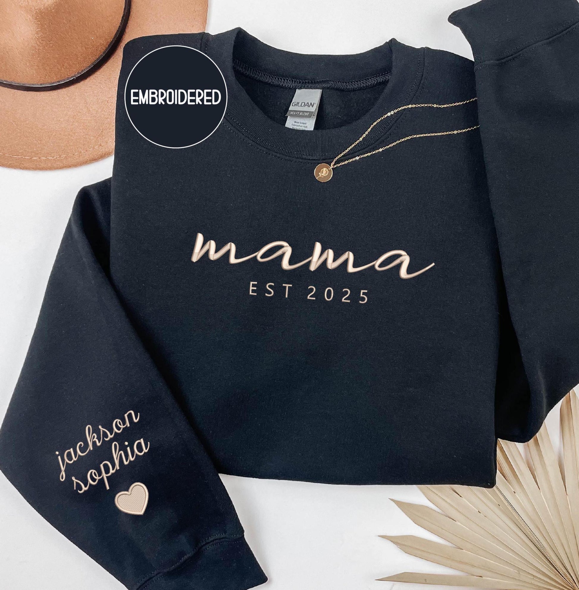 Embroidered Mama Sweatshirt , Personalized Kids Names & Date - Christmas New Mom Gift
