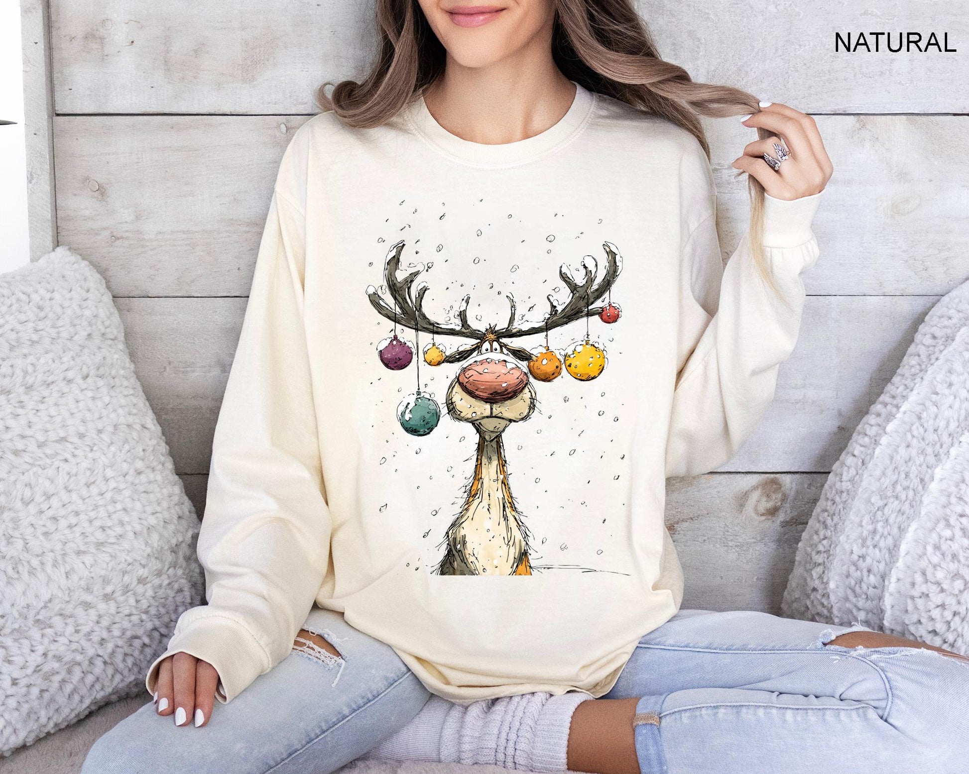 Reindeer Sweatshirt, Cute Christmas tShirt, Retro Reindeer Hoodie, Merry Christmas Tee Shirt, Christmas Reindeer Shirt Gift,Xmas Long Sleeve