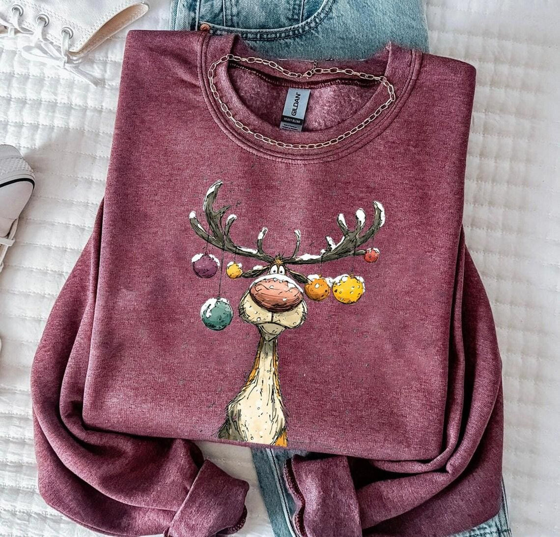 Reindeer Sweatshirt, Cute Christmas tShirt, Retro Reindeer Hoodie, Merry Christmas Tee Shirt, Christmas Reindeer Shirt Gift,Xmas Long Sleeve
