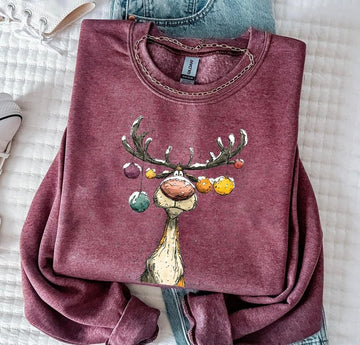 Reindeer Sweatshirt, Cute Christmas tShirt, Retro Reindeer Hoodie, Merry Christmas Tee Shirt, Christmas Reindeer Shirt Gift,Xmas Long Sleeve
