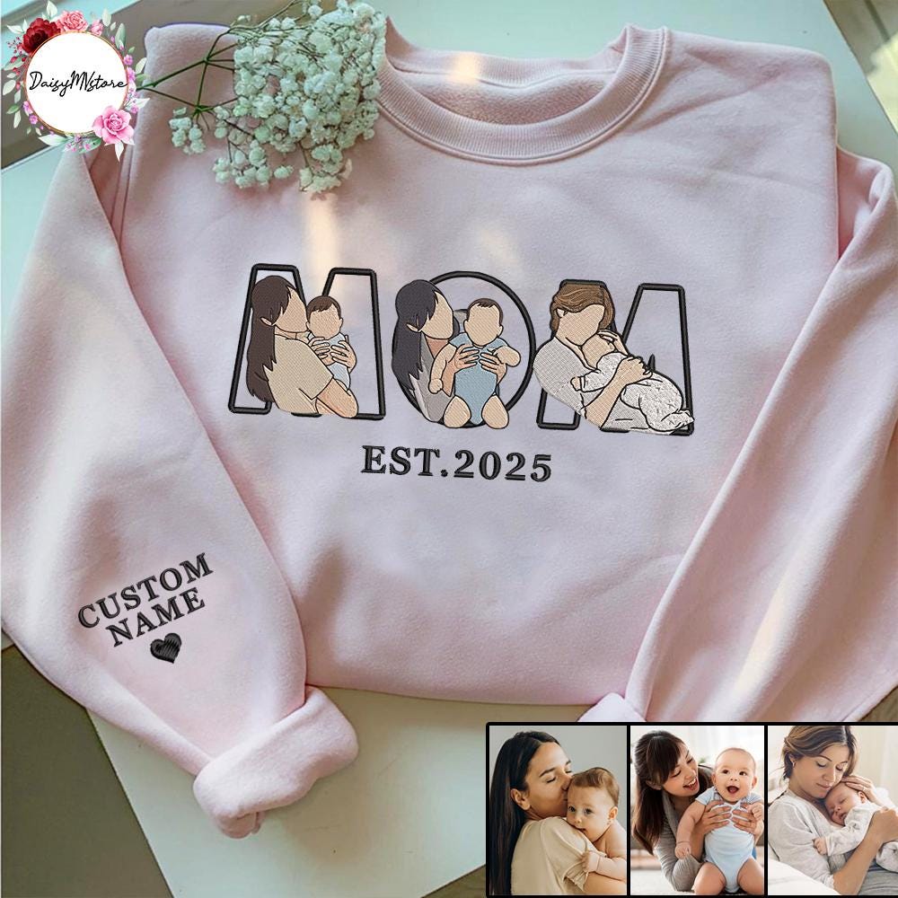 Embroidered Mama Sweatshirt with Photo, Custom Embroidered Mama and Kids Portrait, Embroidery Shirt For Mom Mama Mommy, Mother's Day Gift