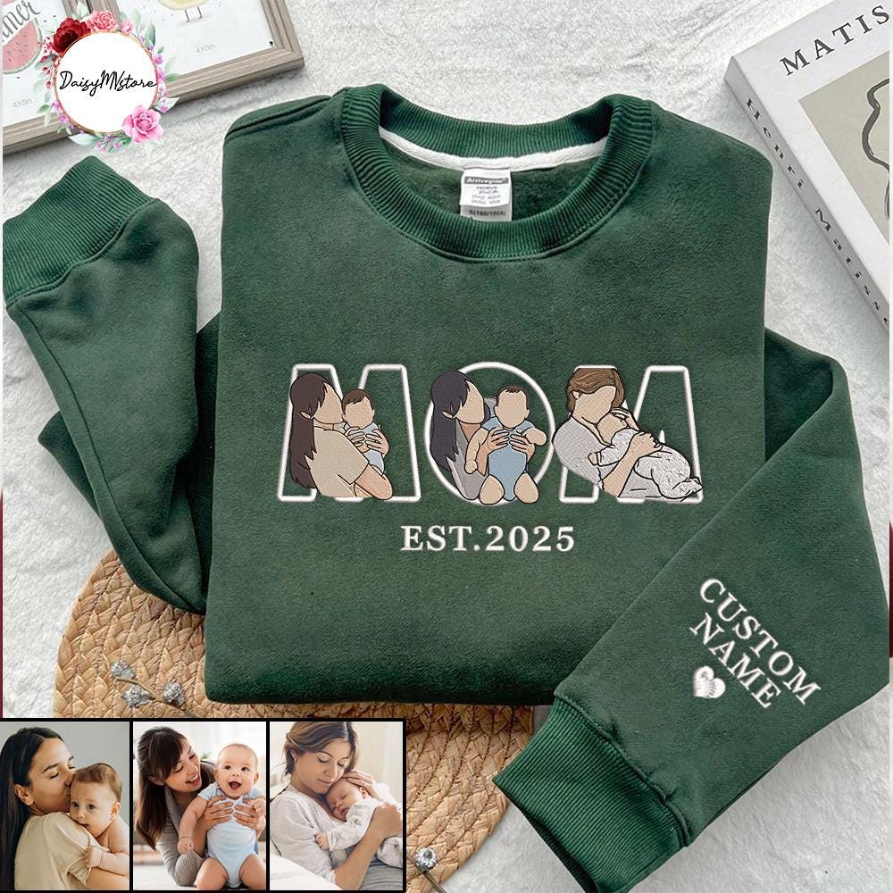 Embroidered Mama Sweatshirt with Photo, Custom Embroidered Mama and Kids Portrait, Embroidery Shirt For Mom Mama Mommy, Mother's Day Gift