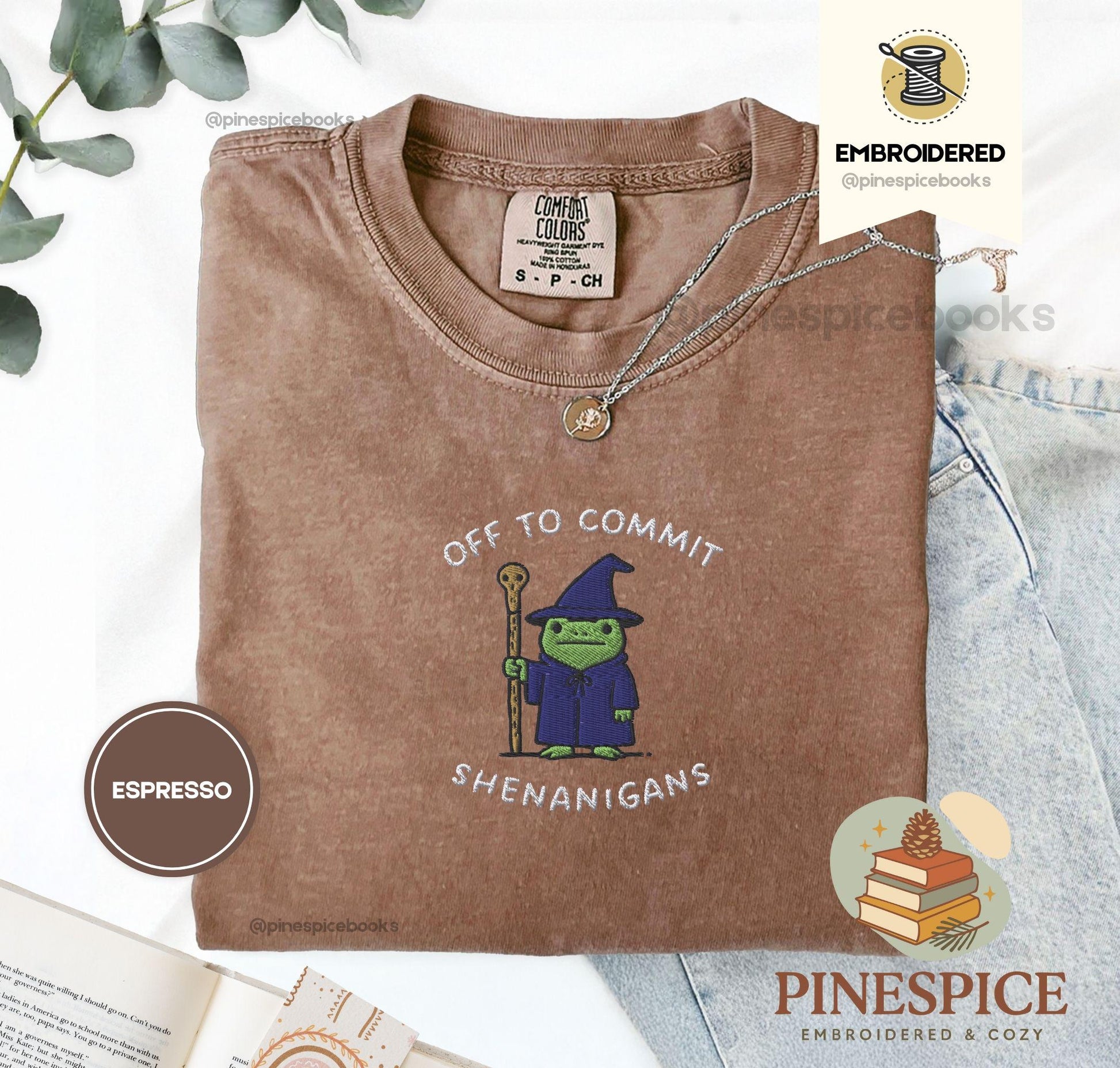 Off to Commit Shenanigans Wizard Frog Funny DnD Tee, Embroidered Comfort Colors 1717, Ren Faire Fantasy Gift