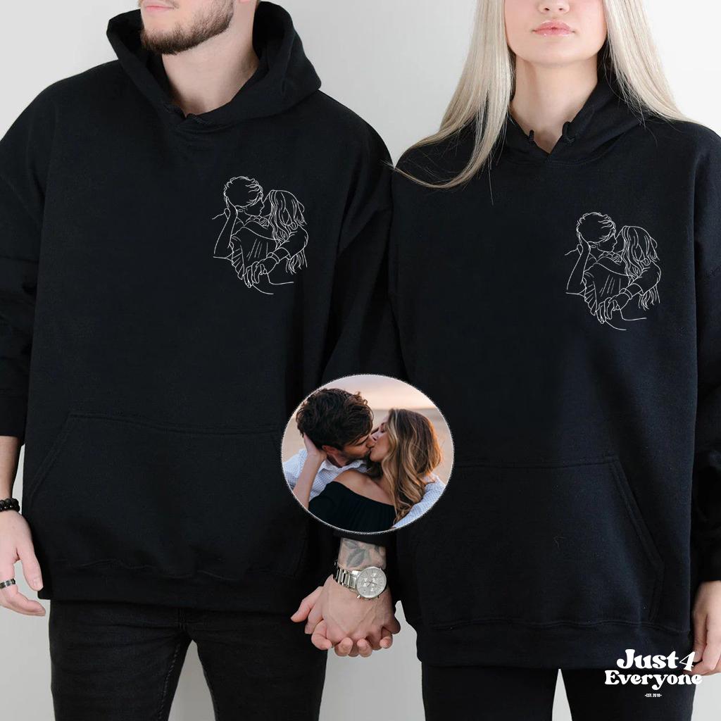 Custom Couple Embroidery Sweatshirt Minimalist Line Art Shirt Personalized Photo Outline Embroidered Couple Gift Anniversary Hoodie