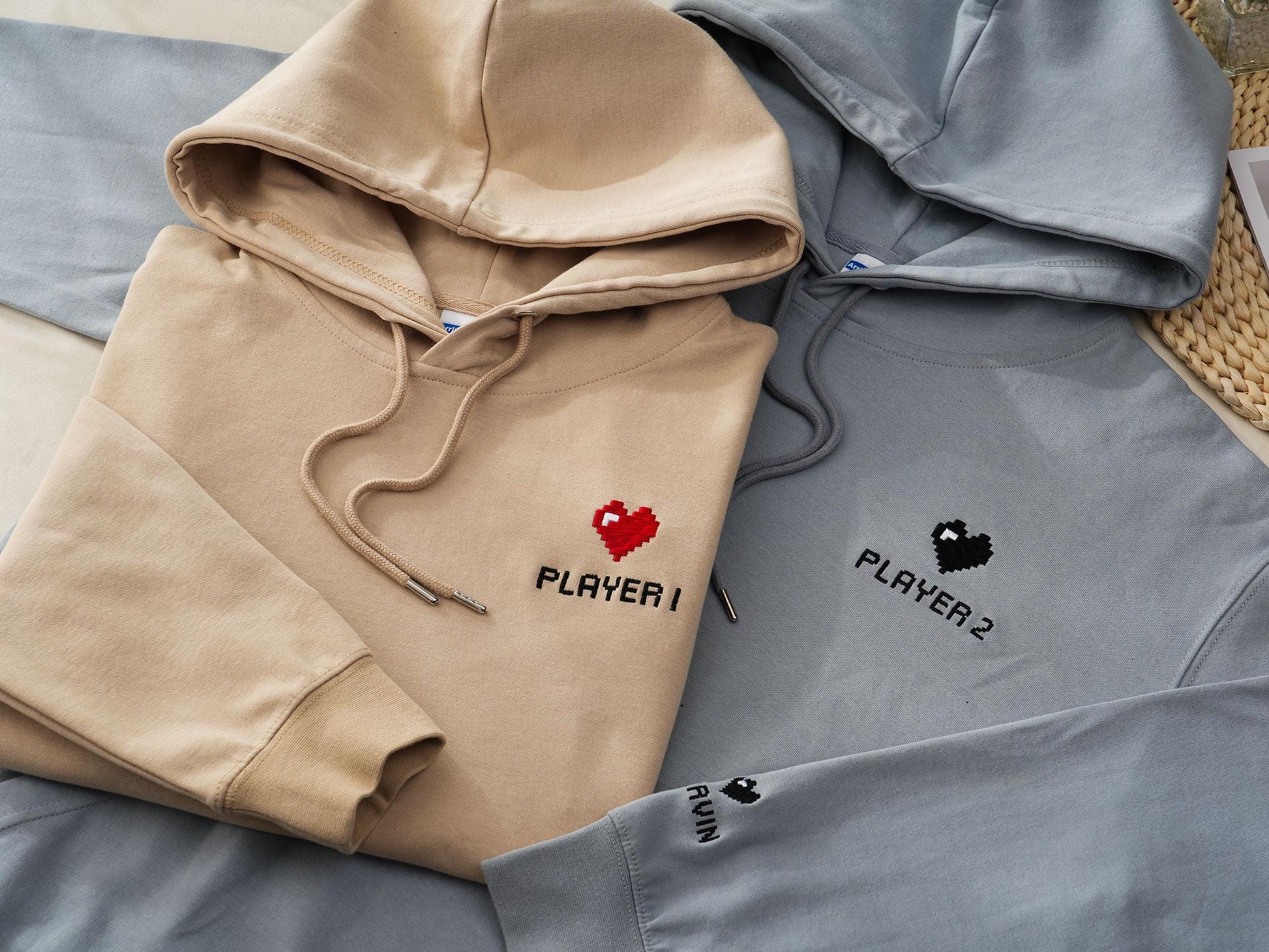 Custom Embroidered Hoodie, Pixel Heart Couples Hoodie, Valentines Day Gift, Bestie Gifts, Anniversary Gift for Him/ Her