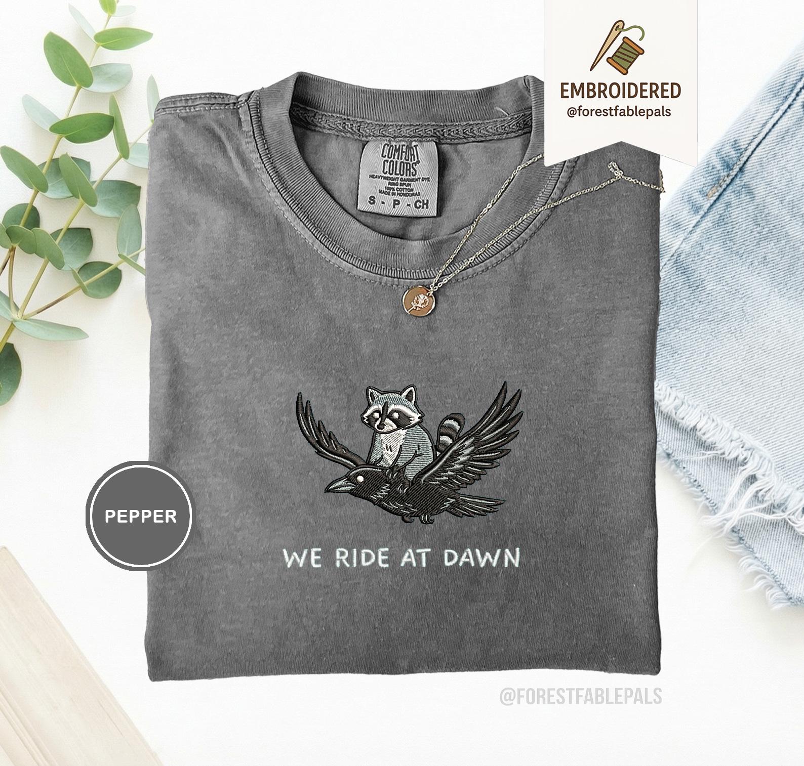 We Ride at Dawn T-Shirt, Funny Raccoon and Crow Raven Tee, Embroidered Comfort Colors 1717, Chaotic Animal Shirt, Whimsical Gamer Gift