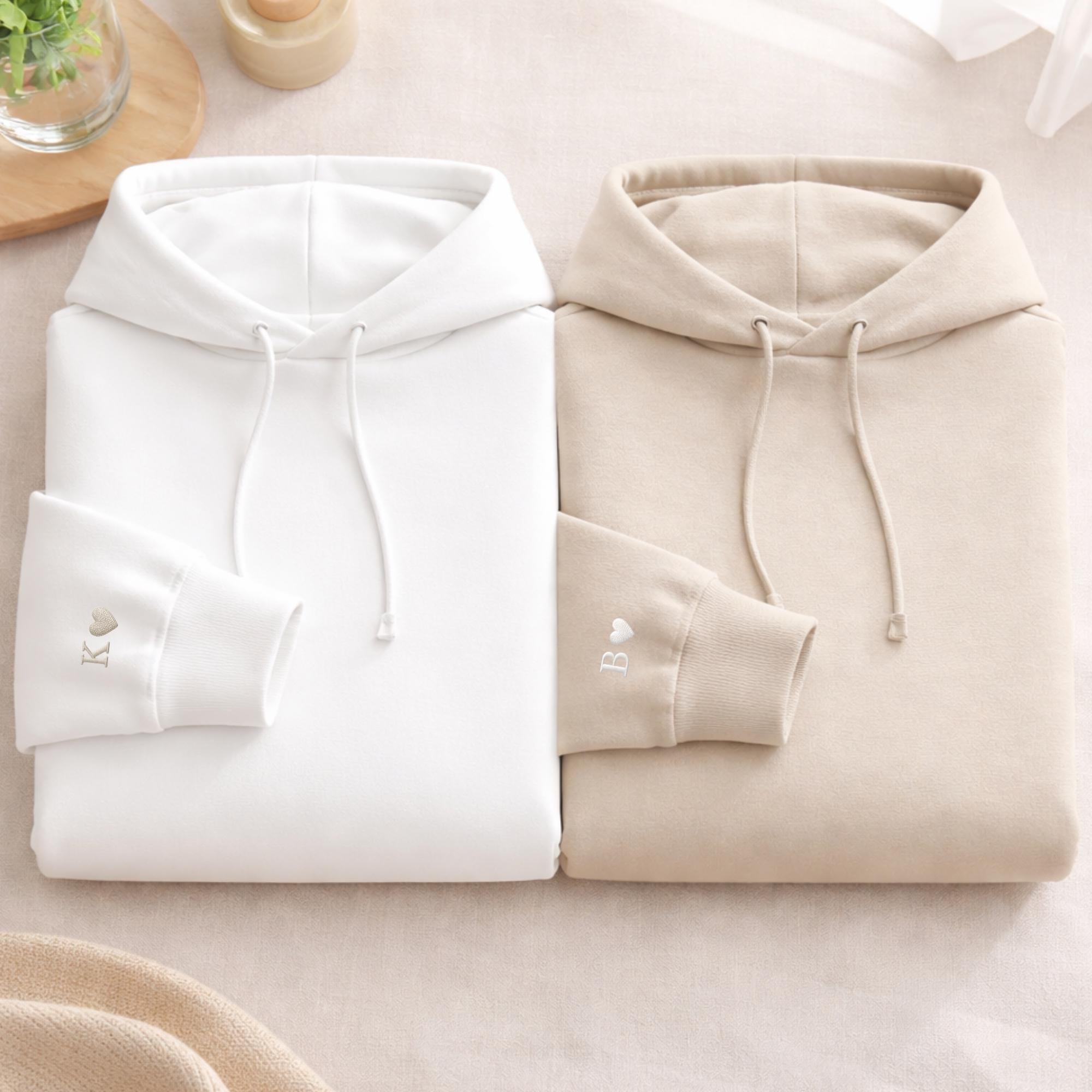 Custom Embroidery Initial Heart sleeve Hoodie, Personalized Valentines Sweatshirt, Embroidered Couples Outfit