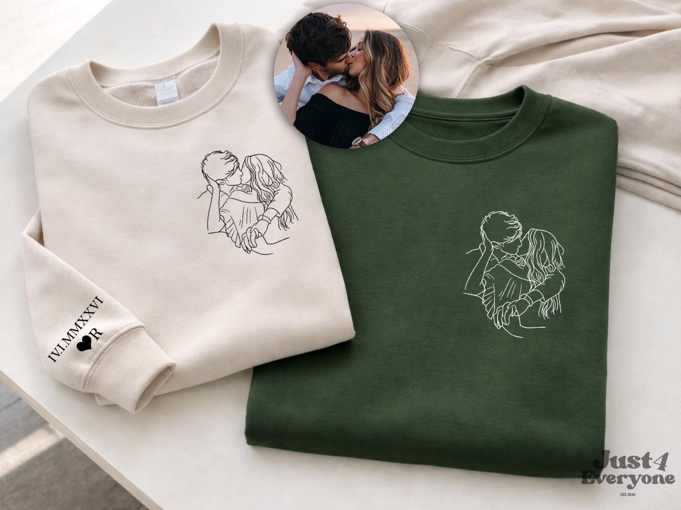 Custom Couple Embroidery Sweatshirt Minimalist Line Art Shirt Personalized Photo Outline Embroidered Couple Gift Anniversary Hoodie