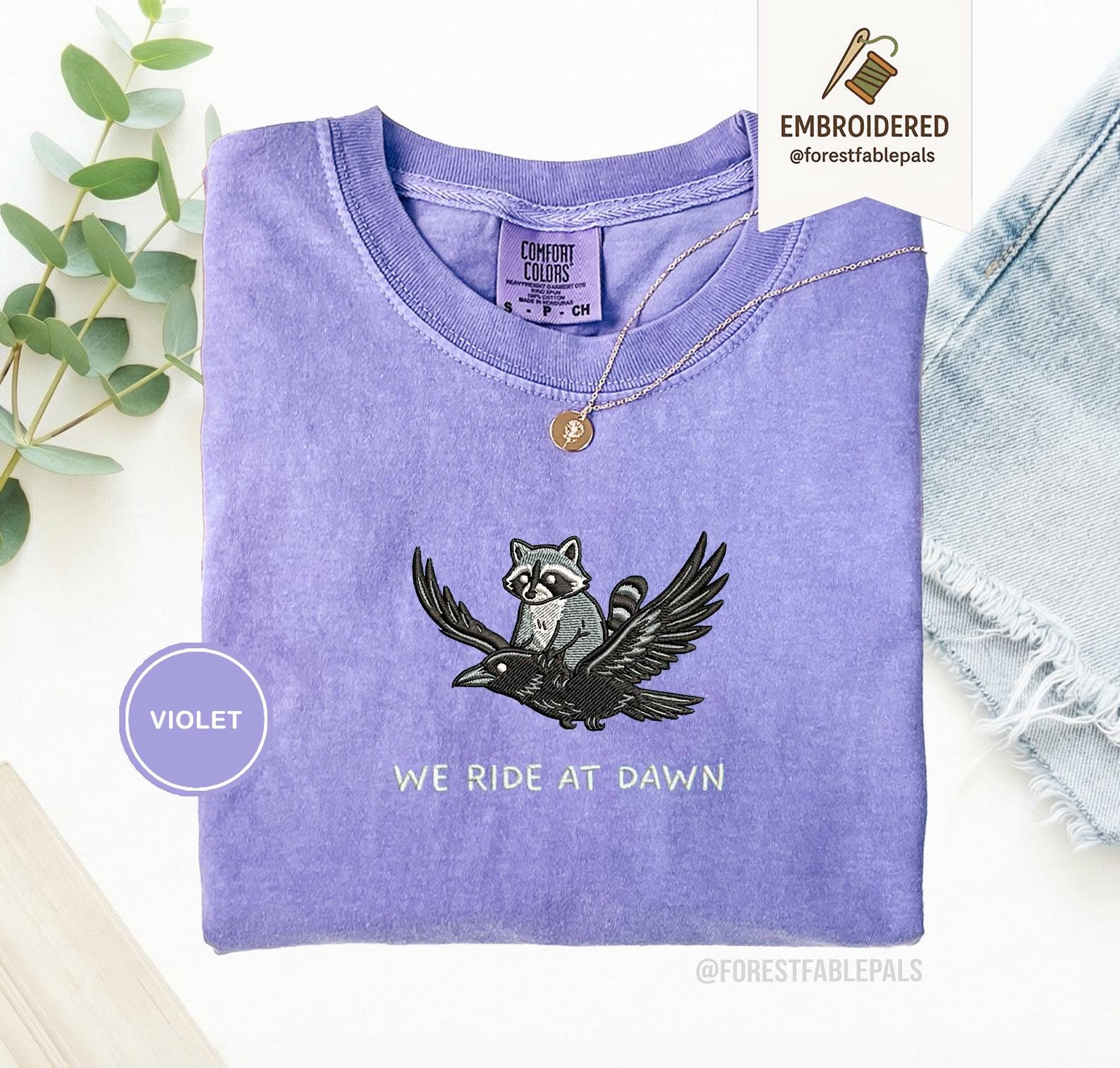 We Ride at Dawn T-Shirt, Funny Raccoon and Crow Raven Tee, Embroidered Comfort Colors 1717, Chaotic Animal Shirt, Whimsical Gamer Gift