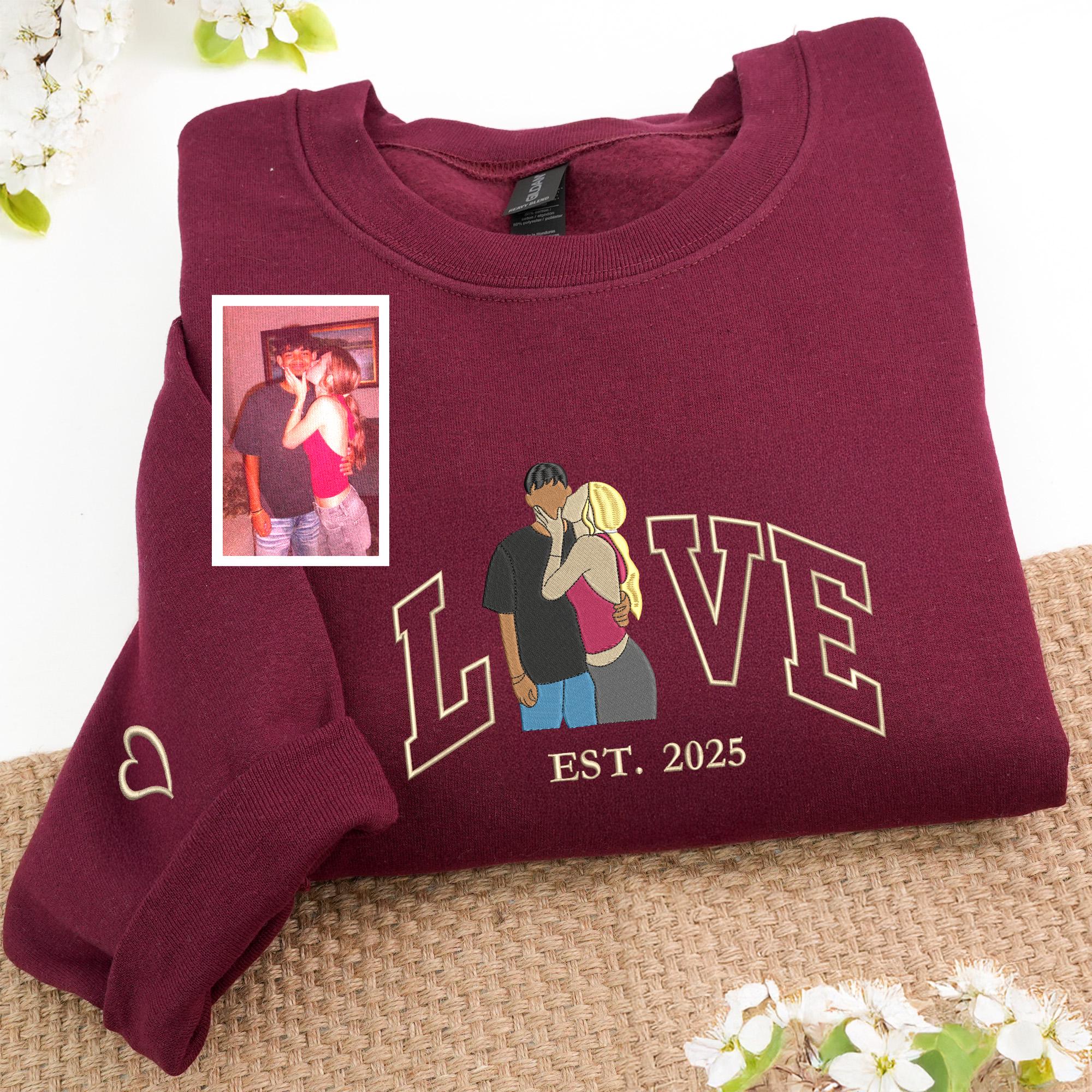 Custom Couple Photo Sweatshirt, Embroidered Love Valentine Sweatshirt, Matching His And Her Shirt, 1st Anniversary Gift for Couple