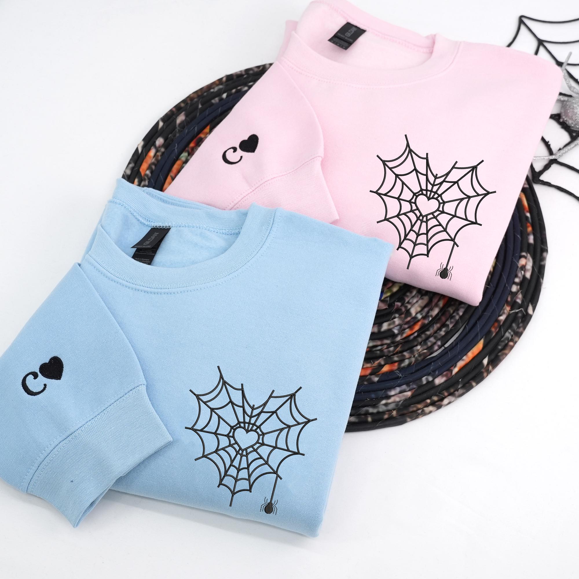 Embroidered Spider Web Heart Couple Hoodie - Halloween Valentine's Day Matching Sweatshirts