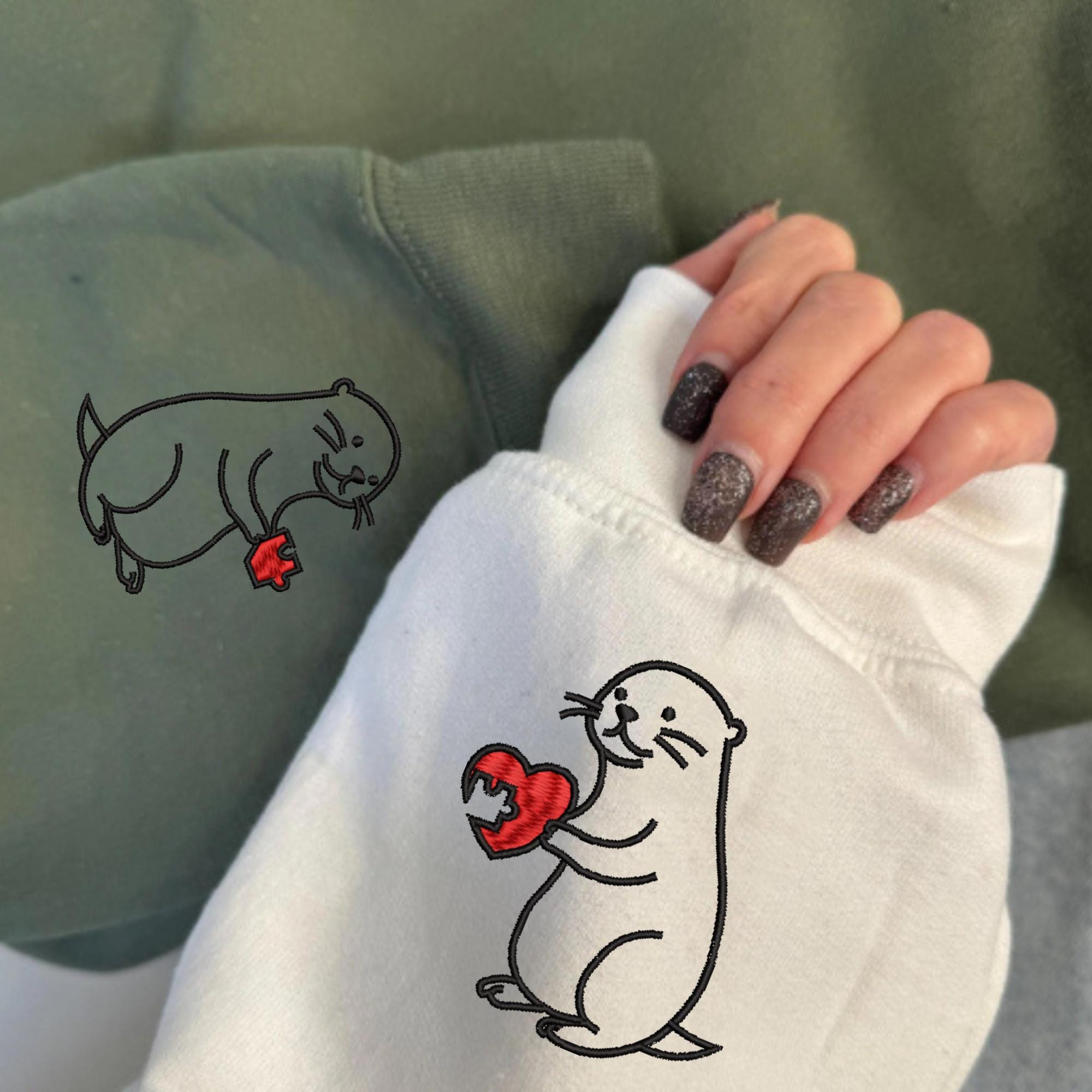 Embroidered Otter Sweatshirt, Valentines Day, Funny Couple Crewneck, Custom Embroidery On Sleeve, Couple's Shirt, Anniversary Gift