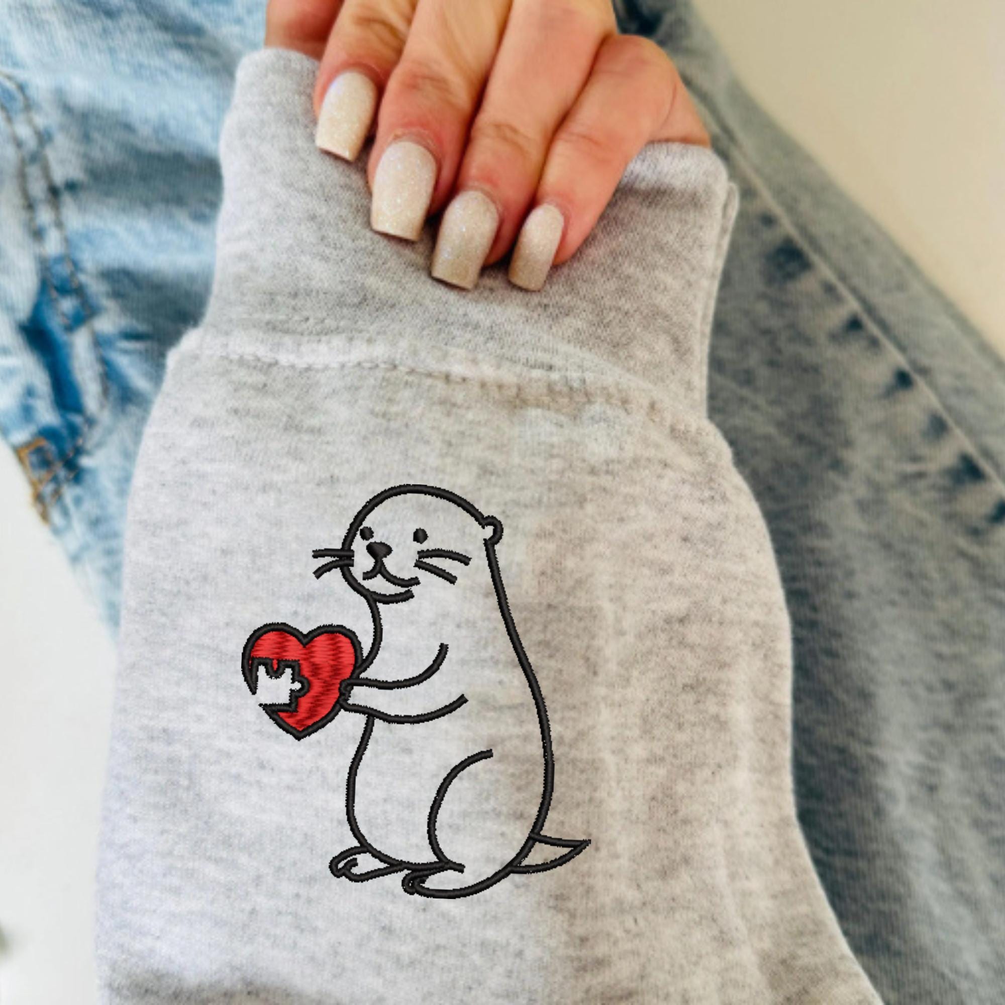 Embroidered Otter Sweatshirt, Valentines Day, Funny Couple Crewneck, Custom Embroidery On Sleeve, Couple's Shirt, Anniversary Gift
