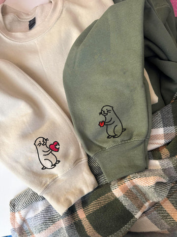 Embroidered Otter Sweatshirt, Valentines Day, Funny Couple Crewneck, Custom Embroidery On Sleeve, Couple's Shirt, Anniversary Gift