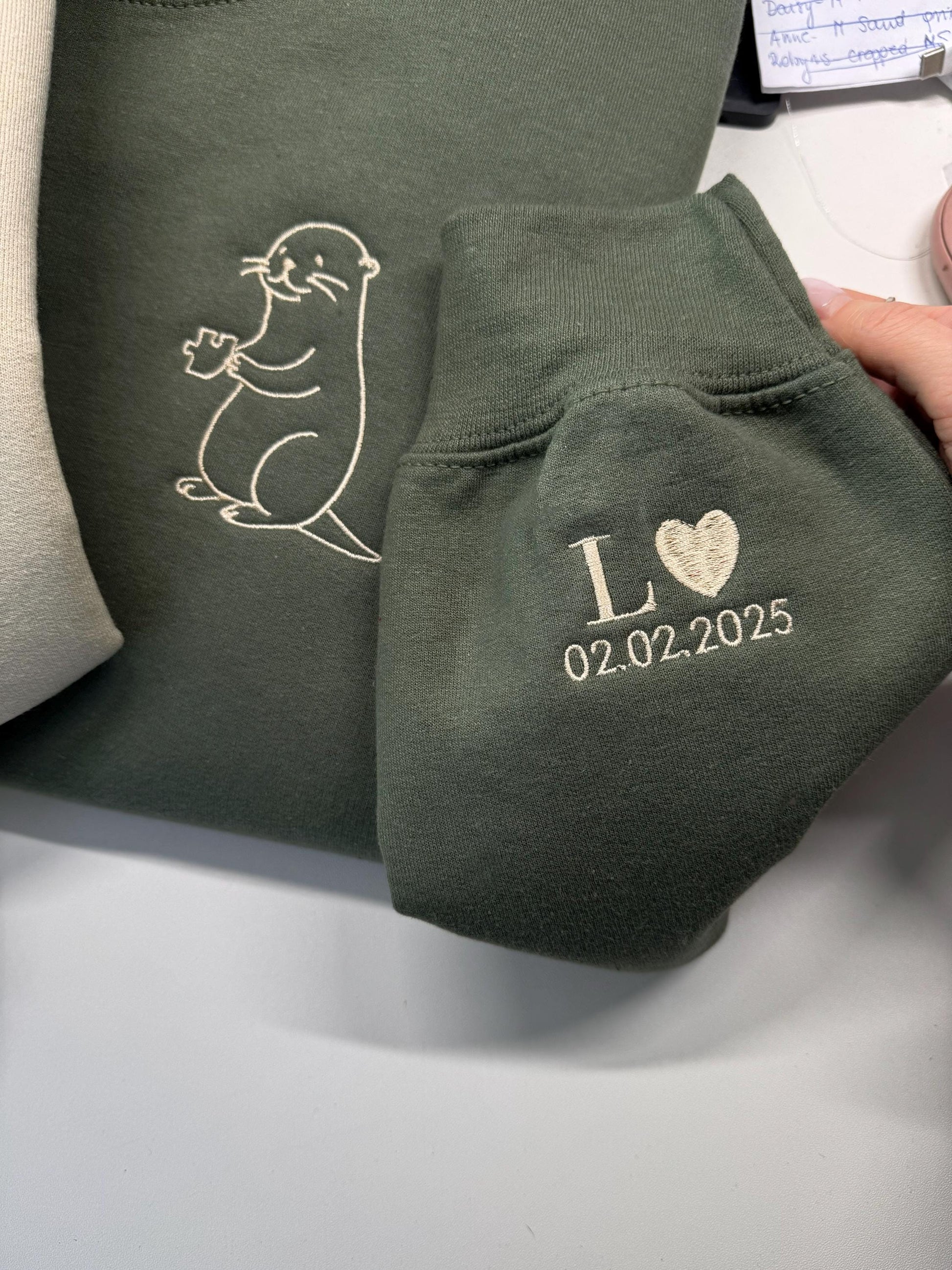 Embroidered Matching Otter Valentines Sweatshirt, Custom Initial Sleeve, Cute Couples Gift, Hoodie for Valentine's Day Celebration,