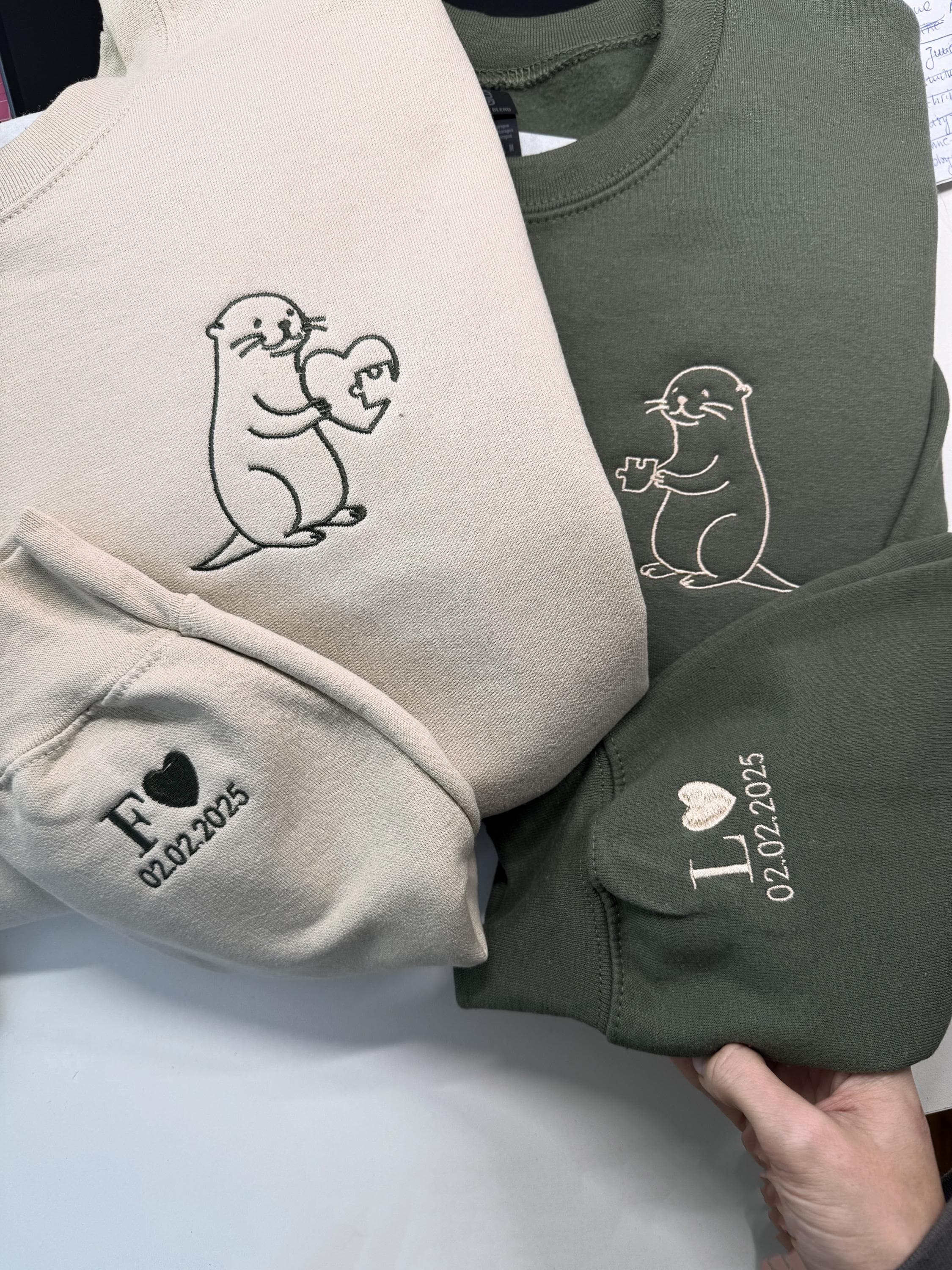 Embroidered Matching Otter Valentines Sweatshirt, Custom Initial Sleeve, Cute Couples Gift, Hoodie for Valentine's Day Celebration,