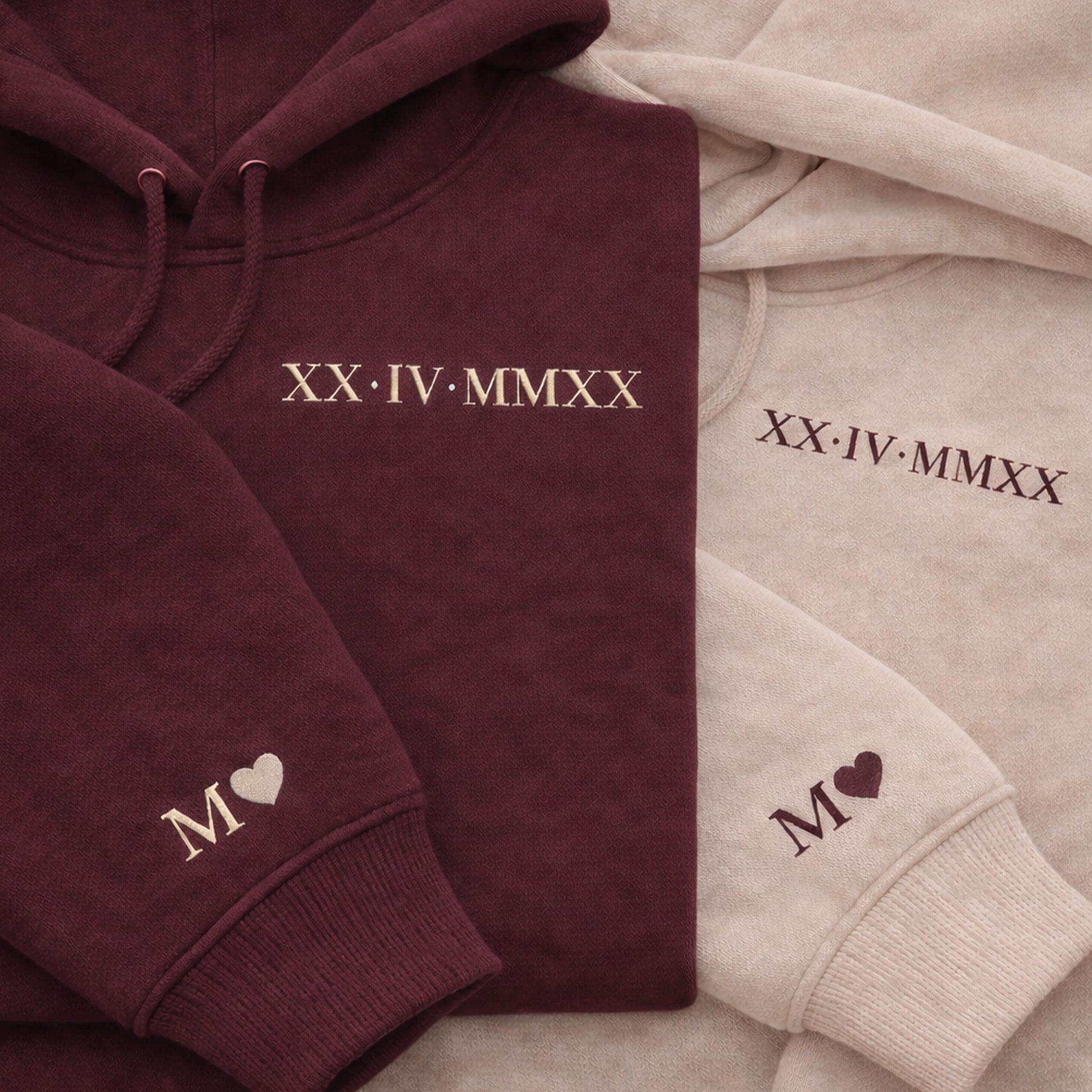 Roman Numeral Embroidered Matching Hoodie, Personalised Couple Anniversary Date Hoodie, Custom Initials With Heart on Sleeve, Boyfriend Gift
