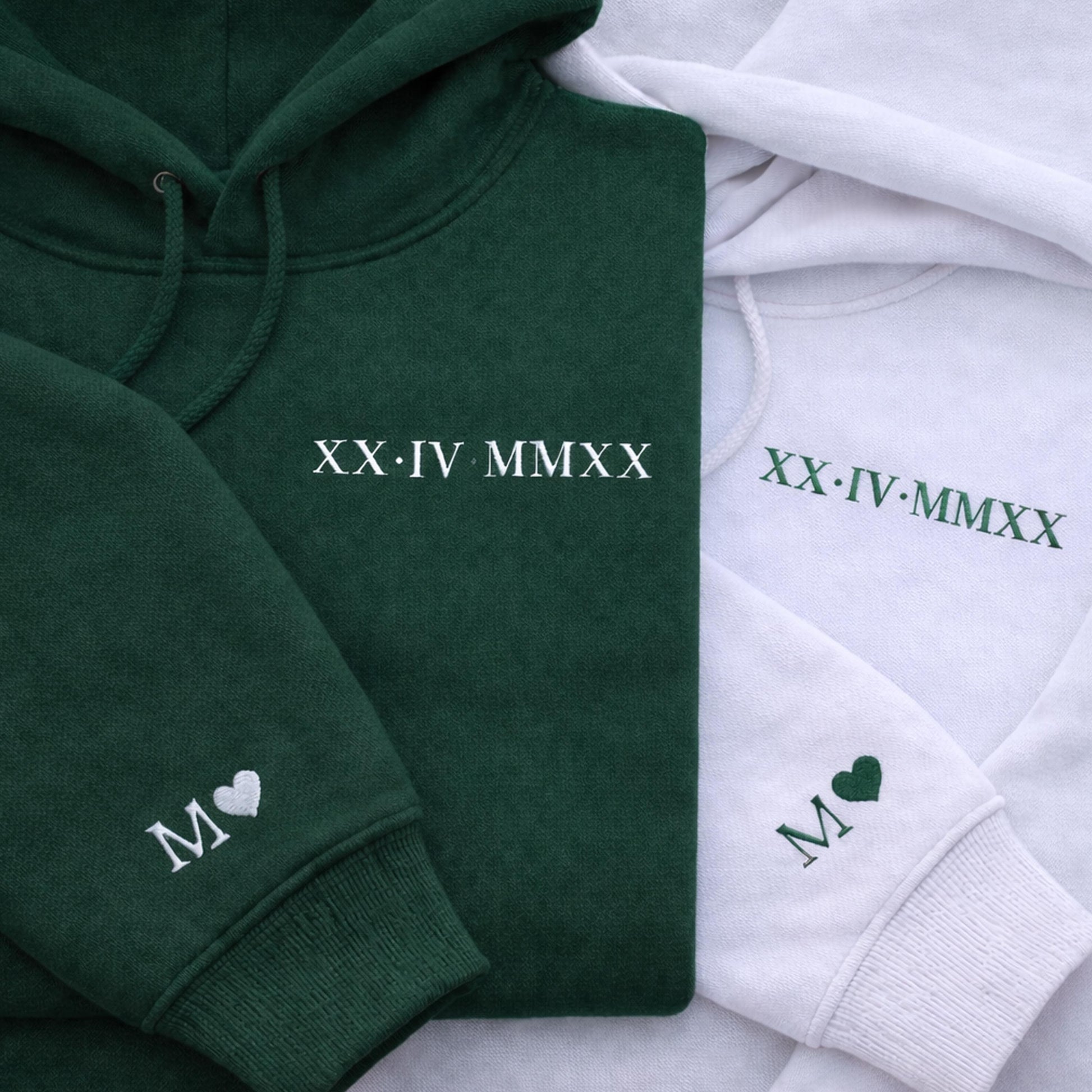 Roman Numeral Embroidered Matching Hoodie, Personalised Couple Anniversary Date Hoodie, Custom Initials With Heart on Sleeve, Boyfriend Gift