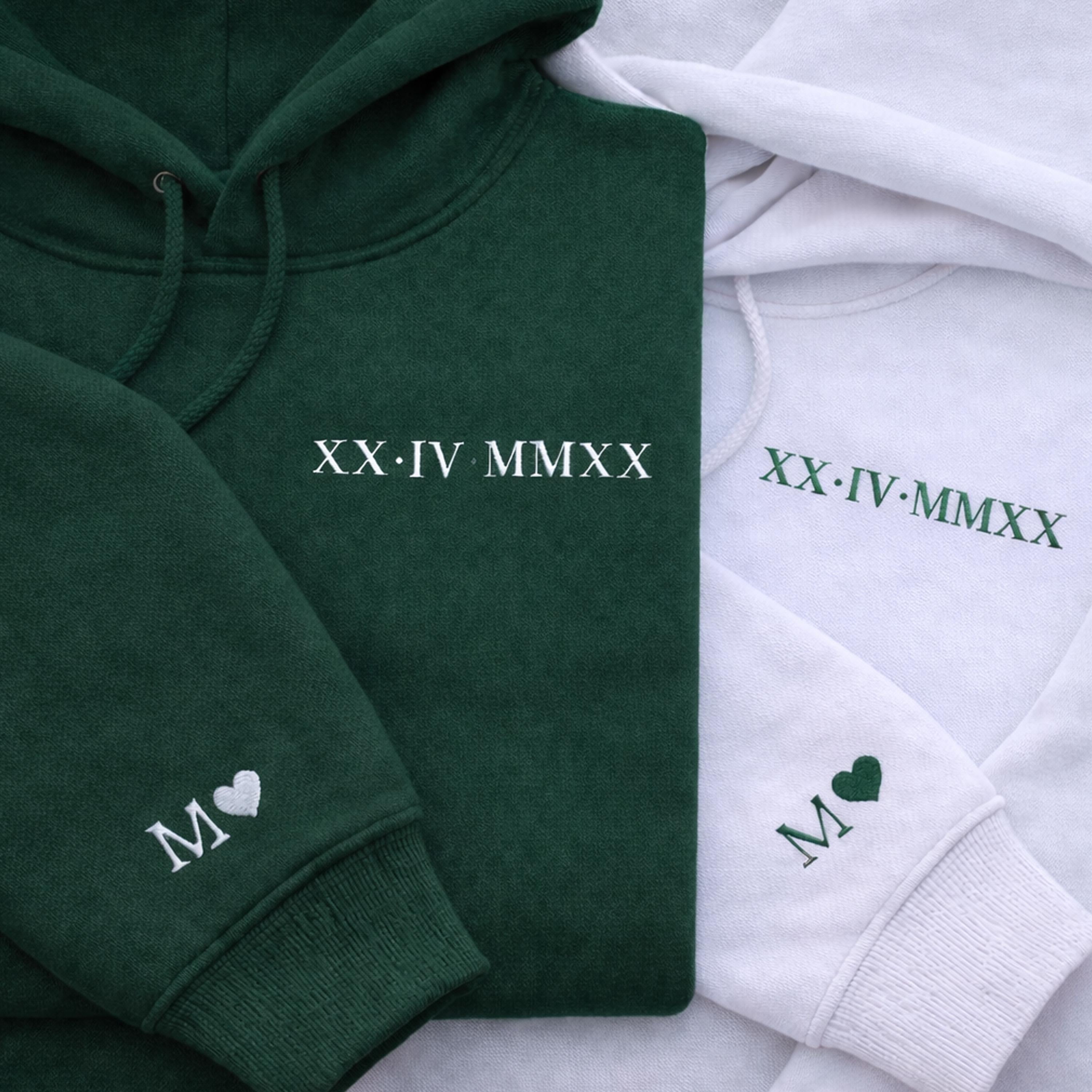Roman Numeral Embroidered Matching Hoodie, Personalised Couple Anniversary Date Hoodie, Custom Initials With Heart on Sleeve, Boyfriend Gift