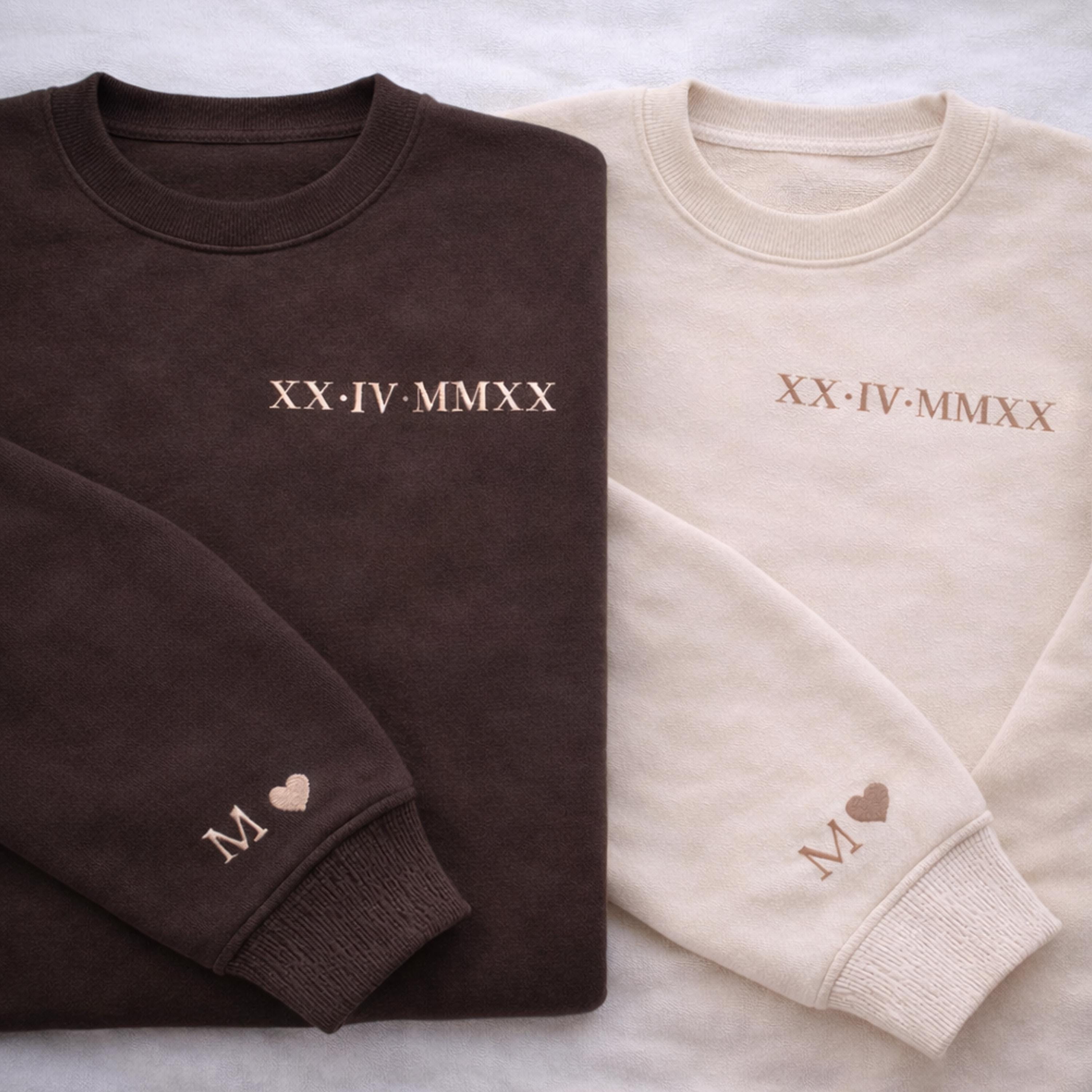 Roman Numeral Embroidered Matching Hoodie, Personalised Couple Anniversary Date Hoodie, Custom Initials With Heart on Sleeve, Boyfriend Gift