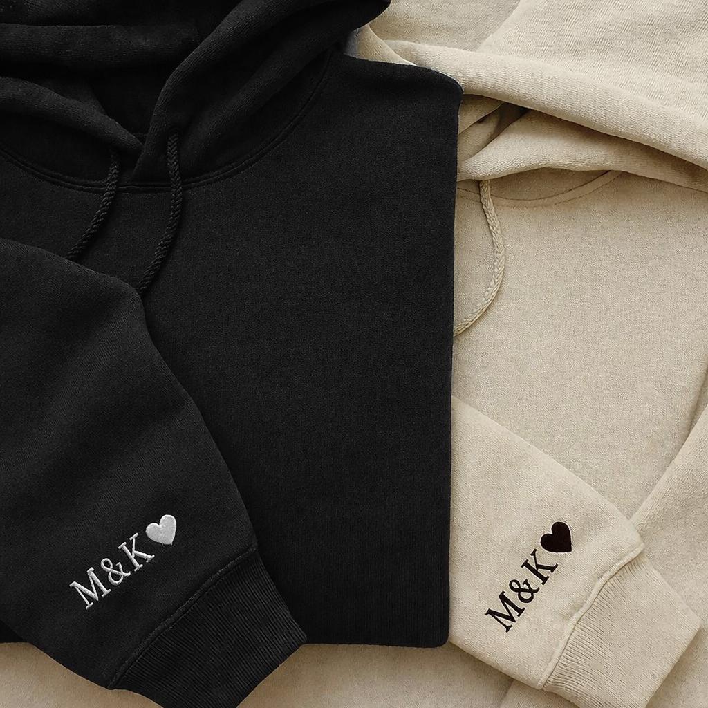 Custom Embroidered Initial with Heart Sleeve Hoodie, Personalised Couple Anniversary Sweatshirt, Matching His and Hers Shirts, Wedding Gifts