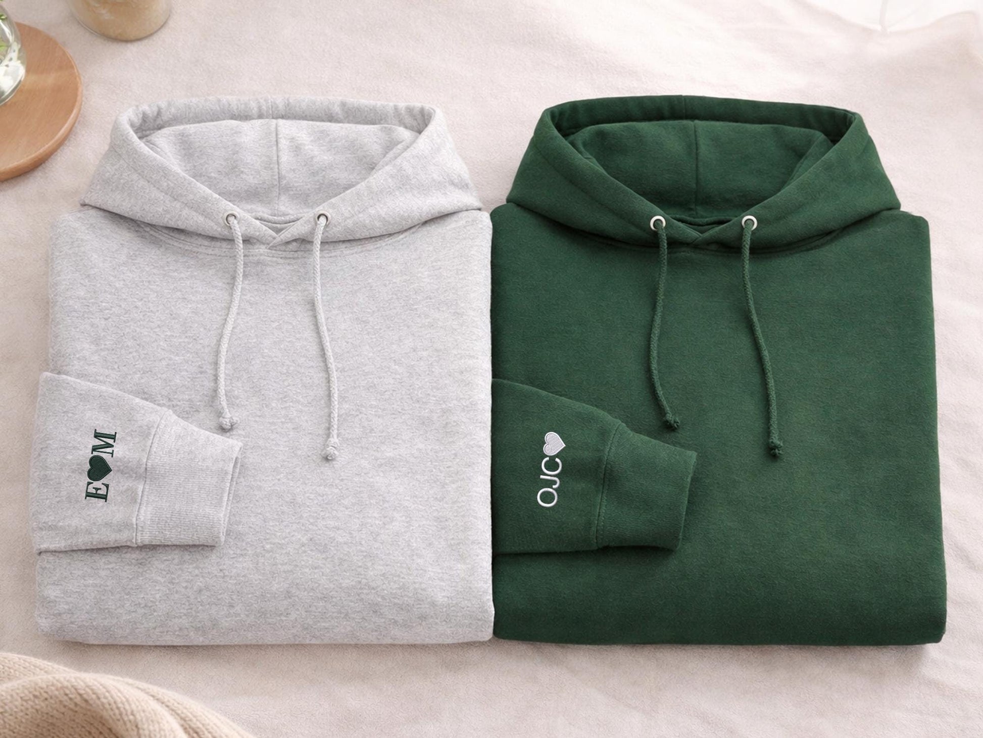 Personalised Initial Heart Sleeve Hoodie, Custom Embroidered Couple Anniversary Shirts, Matching His and Hers Hoodies, Romantic Wedding Gift