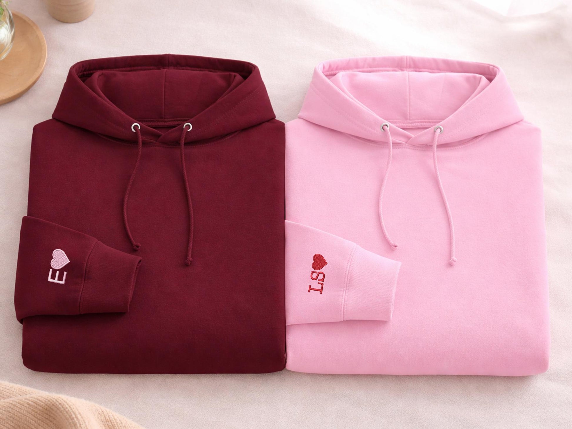 Personalised Initial Heart Sleeve Hoodie, Custom Embroidered Couple Anniversary Shirts, Matching His and Hers Hoodies, Romantic Wedding Gift