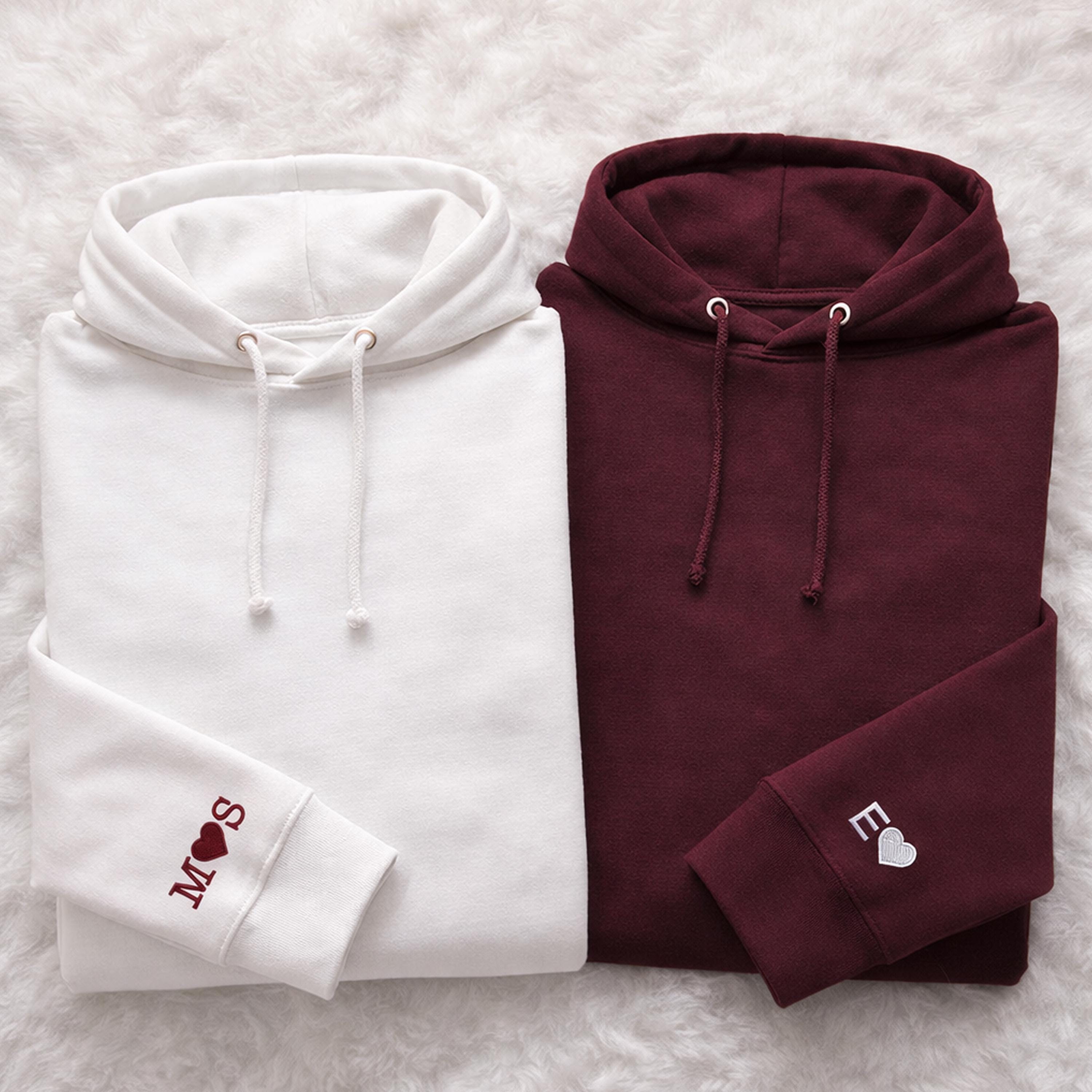 Custom Embroidered Initial with Heart Sleeve Hoodie, Personalised Couple Anniversary Sweatshirt, Matching His and Hers Shirts, Wedding Gifts